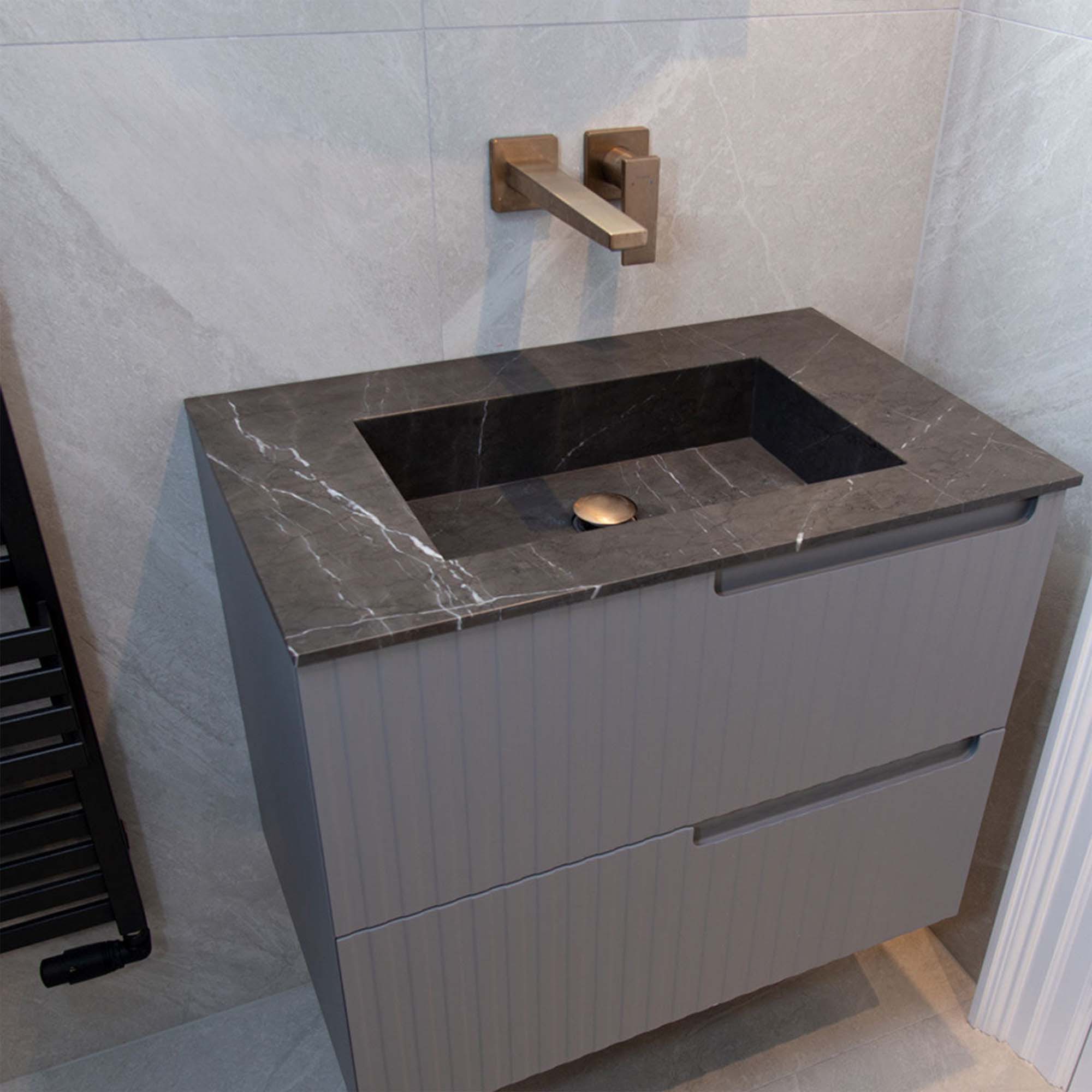 fiora synergy designer wall mounted 2 drawer vanity unit with pietra gris top and built in basin