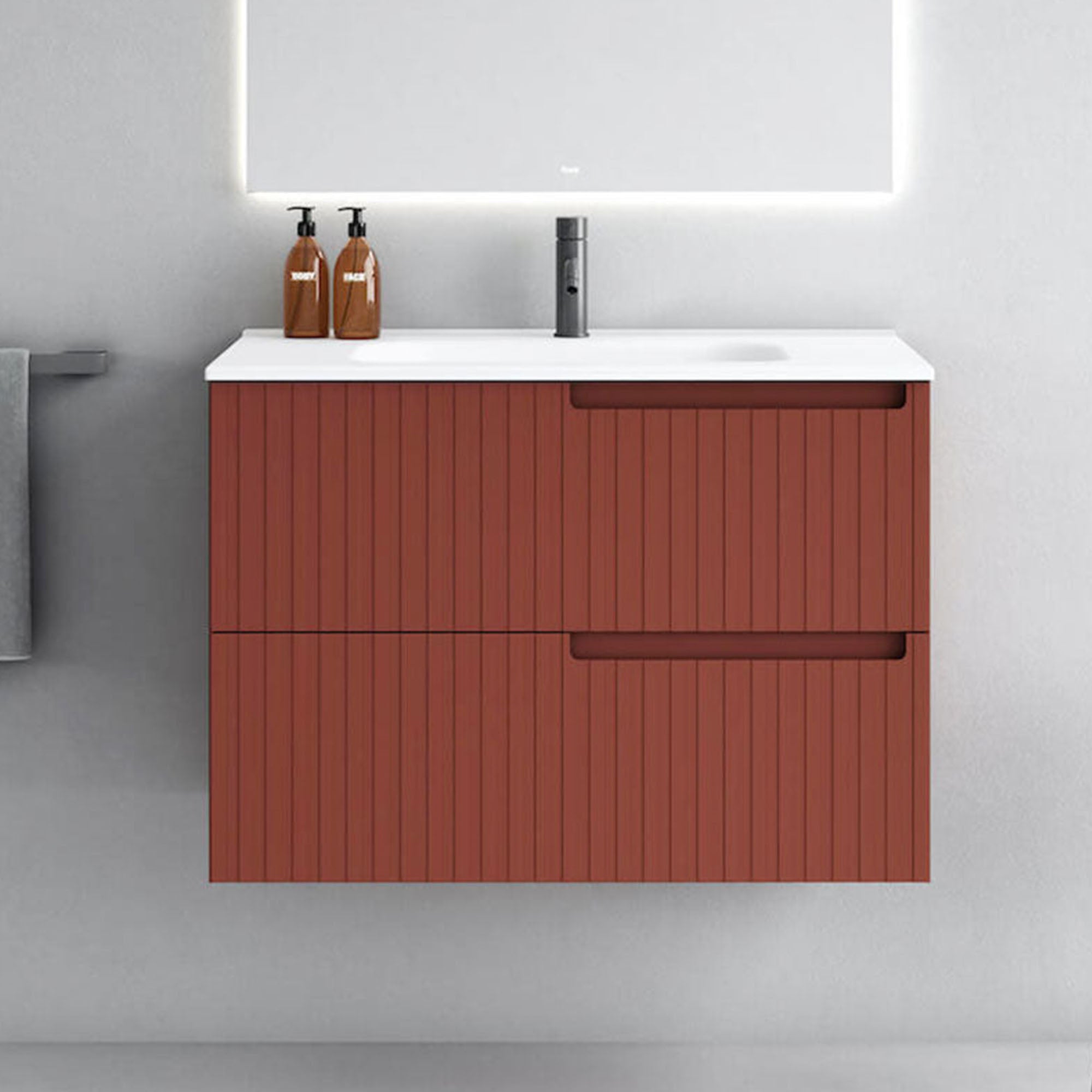 fiora synergy double drawer vanity unit in listello texture and kermes