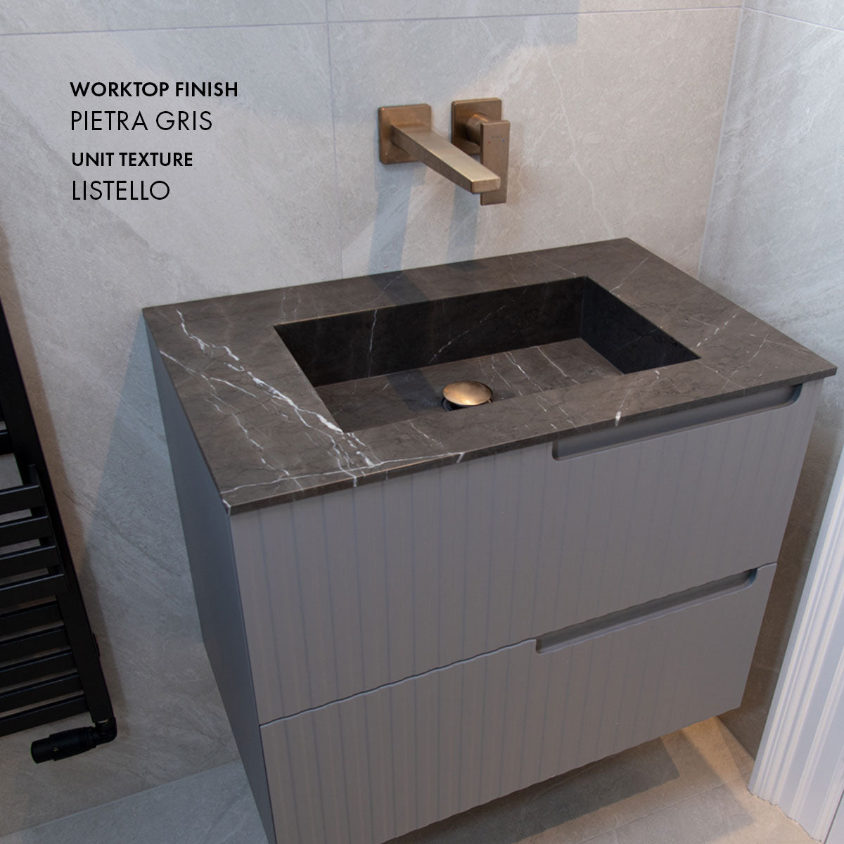 Fiora Synergy Designer 2 Drawer Wall Hung Vanity Unit with Natural Stone Top and Semi-Inset Single Basin