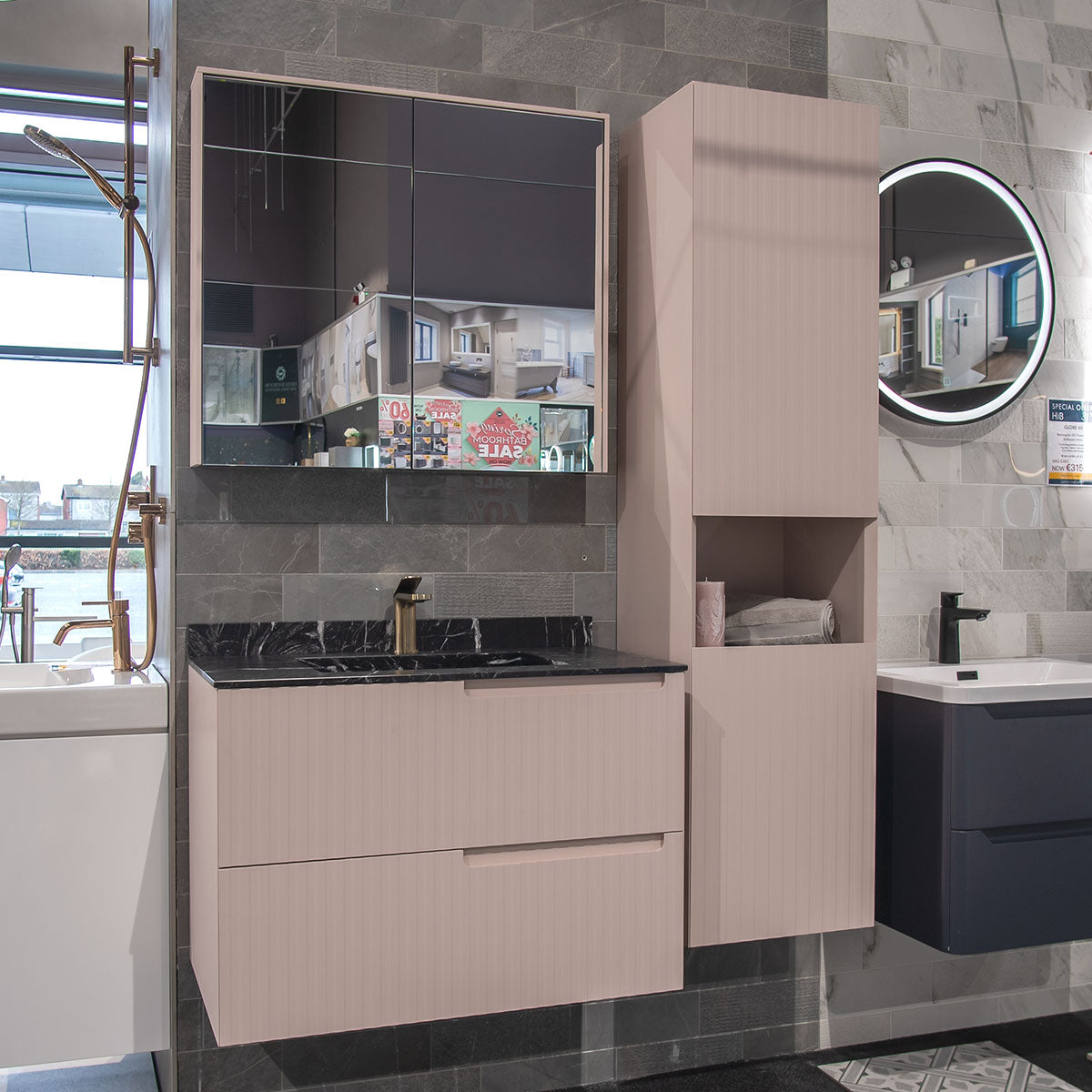 Fiora Synergy Designer 2 Drawer Wall Hung Vanity Unit with Natural Stone Top and Semi-Inset Single Basin