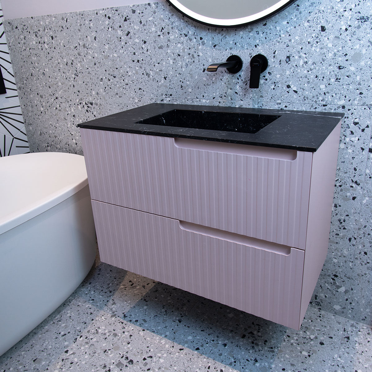 Fiora Synergy Designer 2 Drawer Wall Hung Vanity Unit with Natural Stone Top and Semi-Inset Single Basin