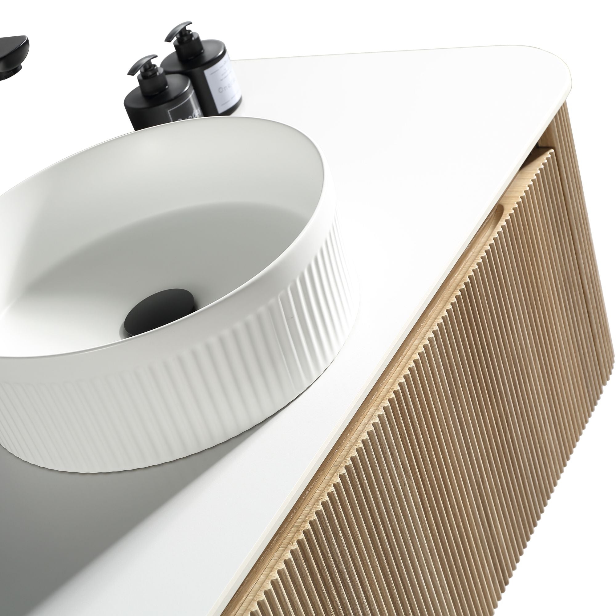 florence 1070mm curved country oak fluted wall mounted vanity unit with sintered stone countertop