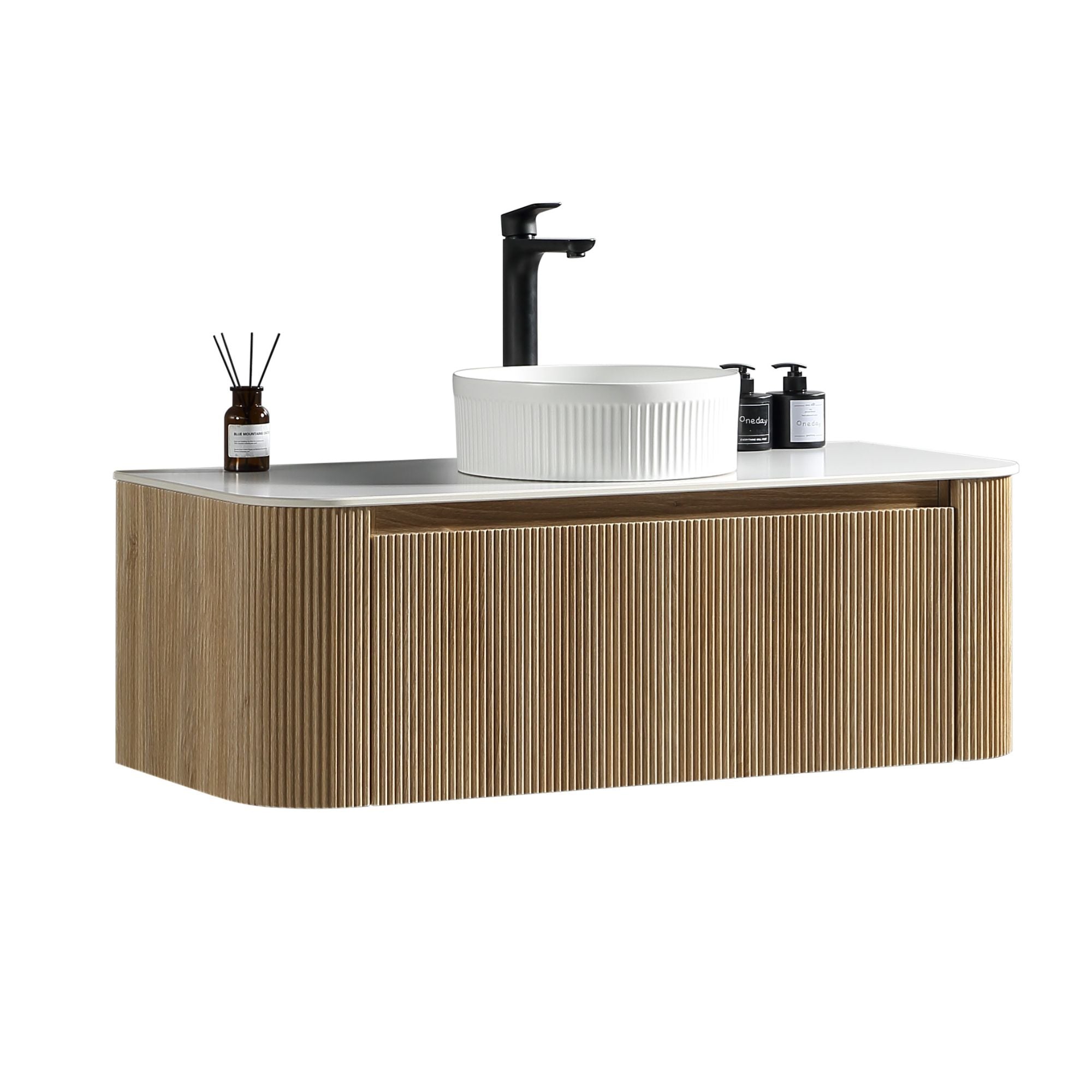 florence 1070mm curved country oak fluted wall mounted vanity unit with sintered stone countertop