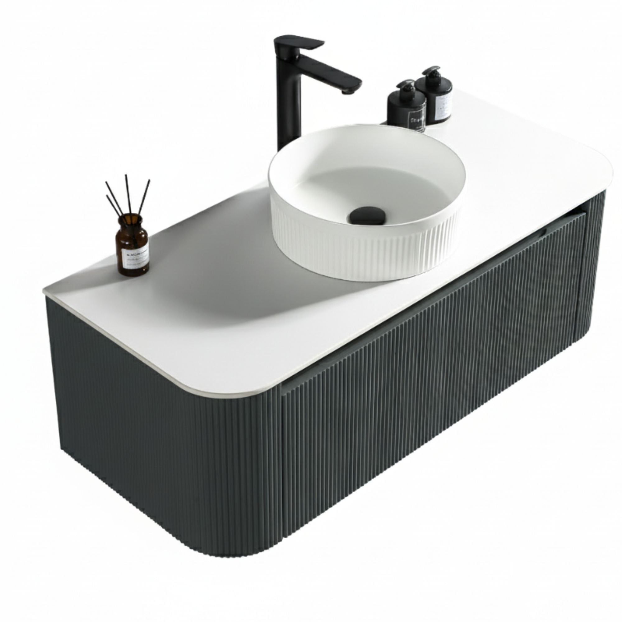 Florence Fluted 1070 Curved Wall Mounted Vanity Unit With Worktop Smoked Sage