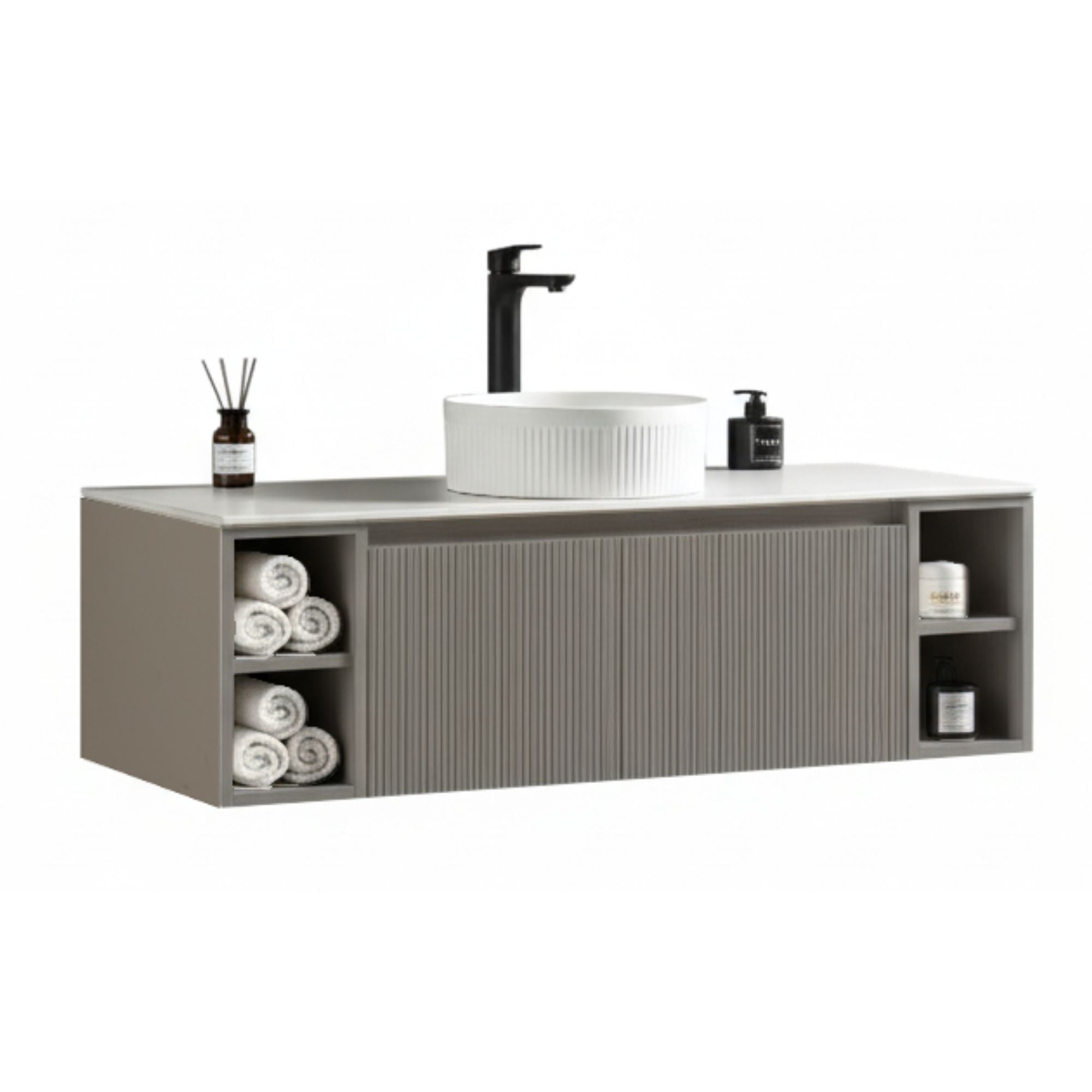 florence 1200 wall mounted vanity unit with stone worktop and 2 open shelves soft coffee
