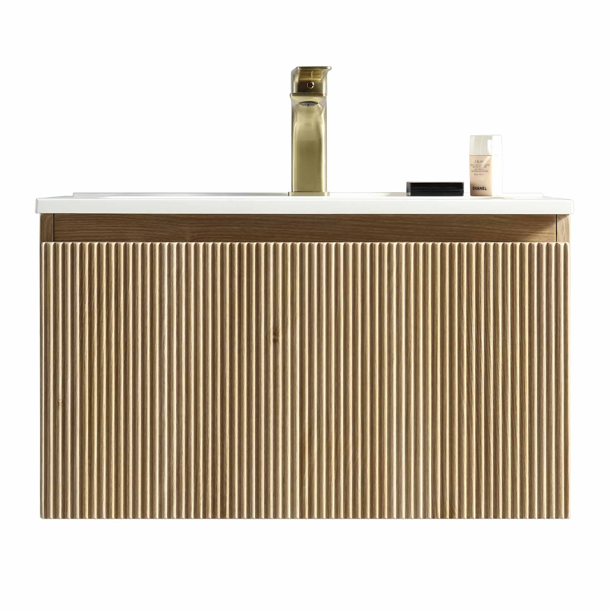 florence 600mm country oak fluted wall mounted vanity unit with matt white poly marble washbasin