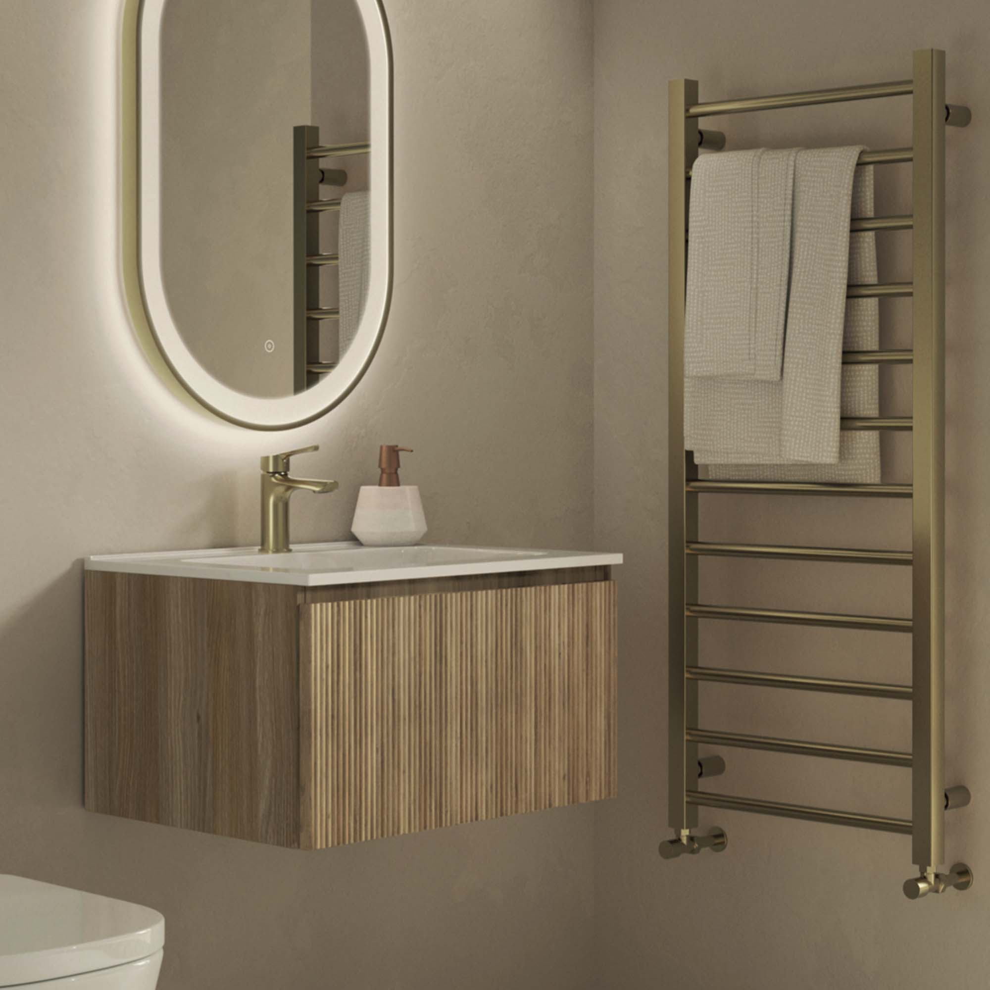 florence 600mm country oak fluted wall mounted vanity unit with matt white poly marble washbasin