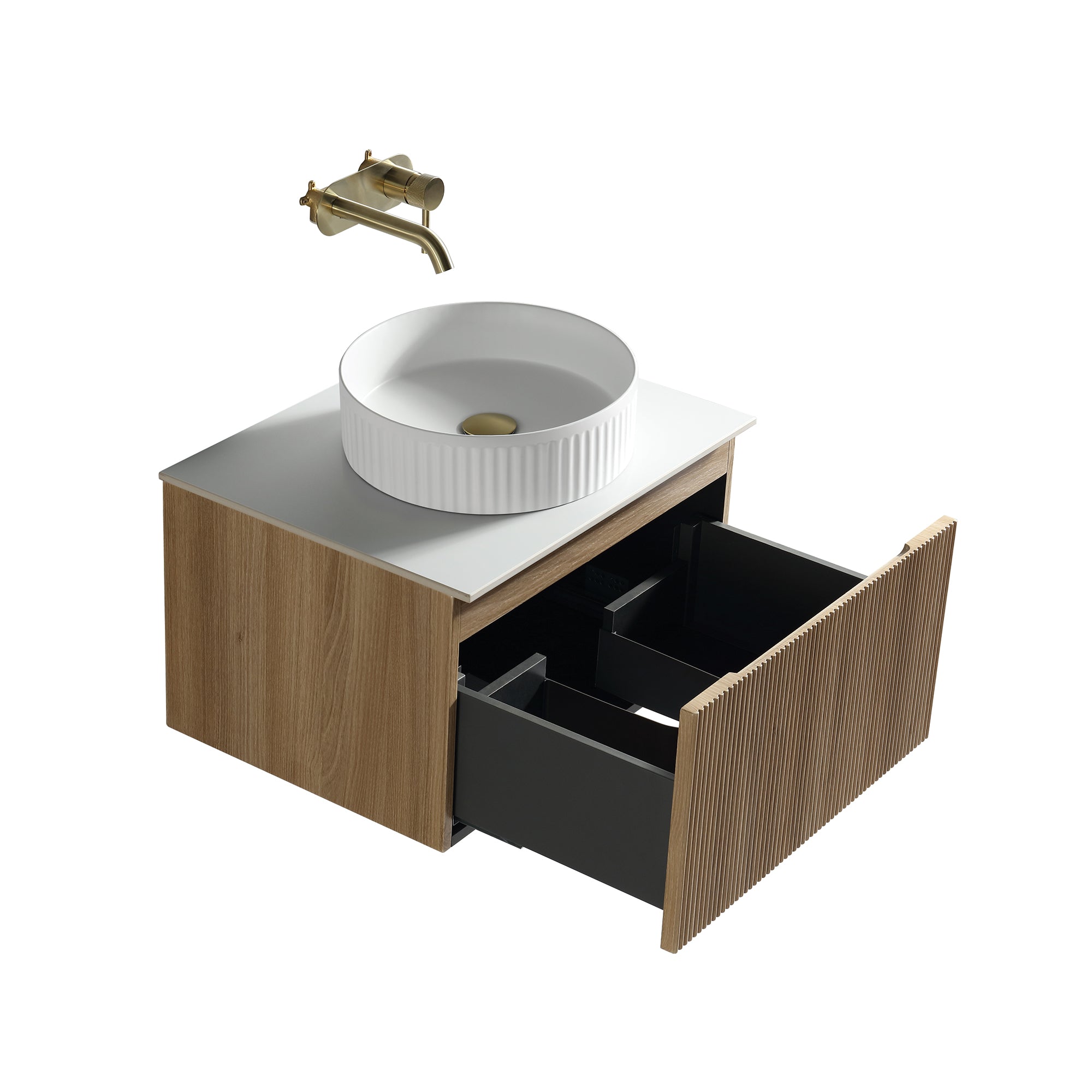 florence 600mm country oak fluted wall mounted vanity unit with sintered stone countertop