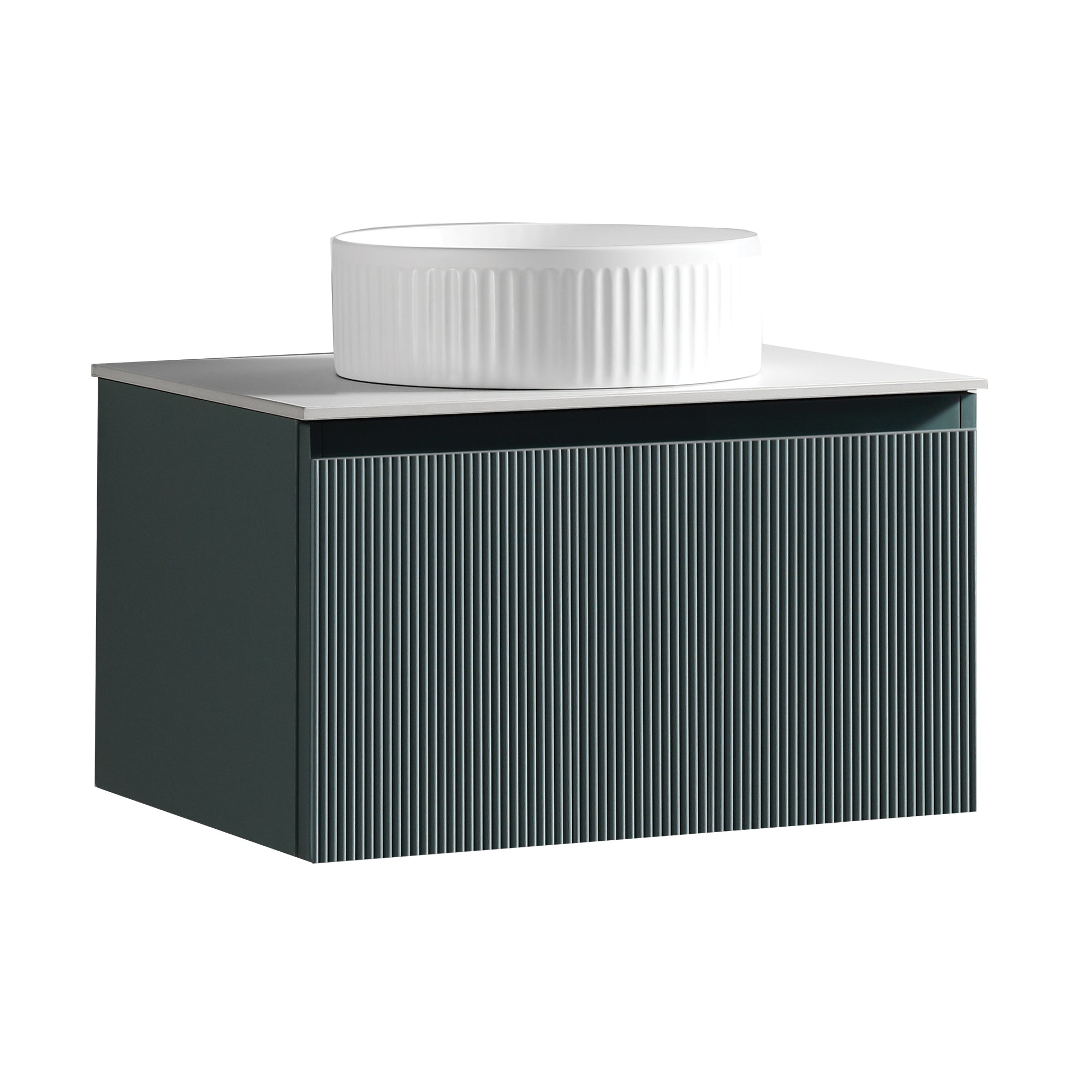 florence 600mm smoked sage fluted wall mounted vanity unit with sintered stone countertop