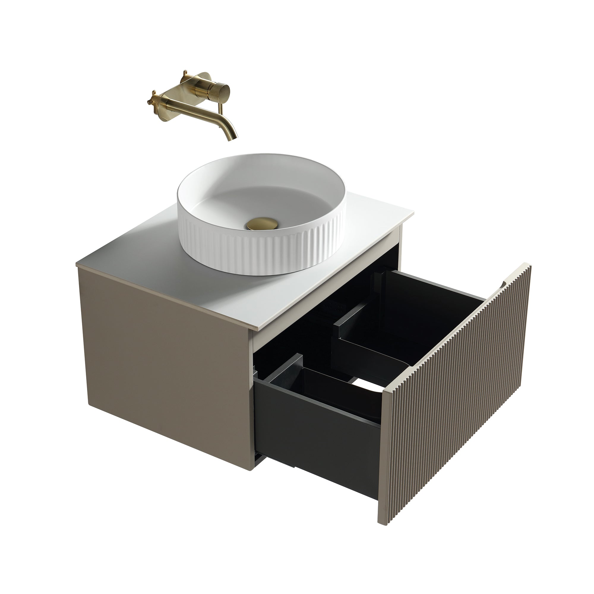 florence 600mm soft coffee fluted wall mounted vanity unit with sintered stone countertop