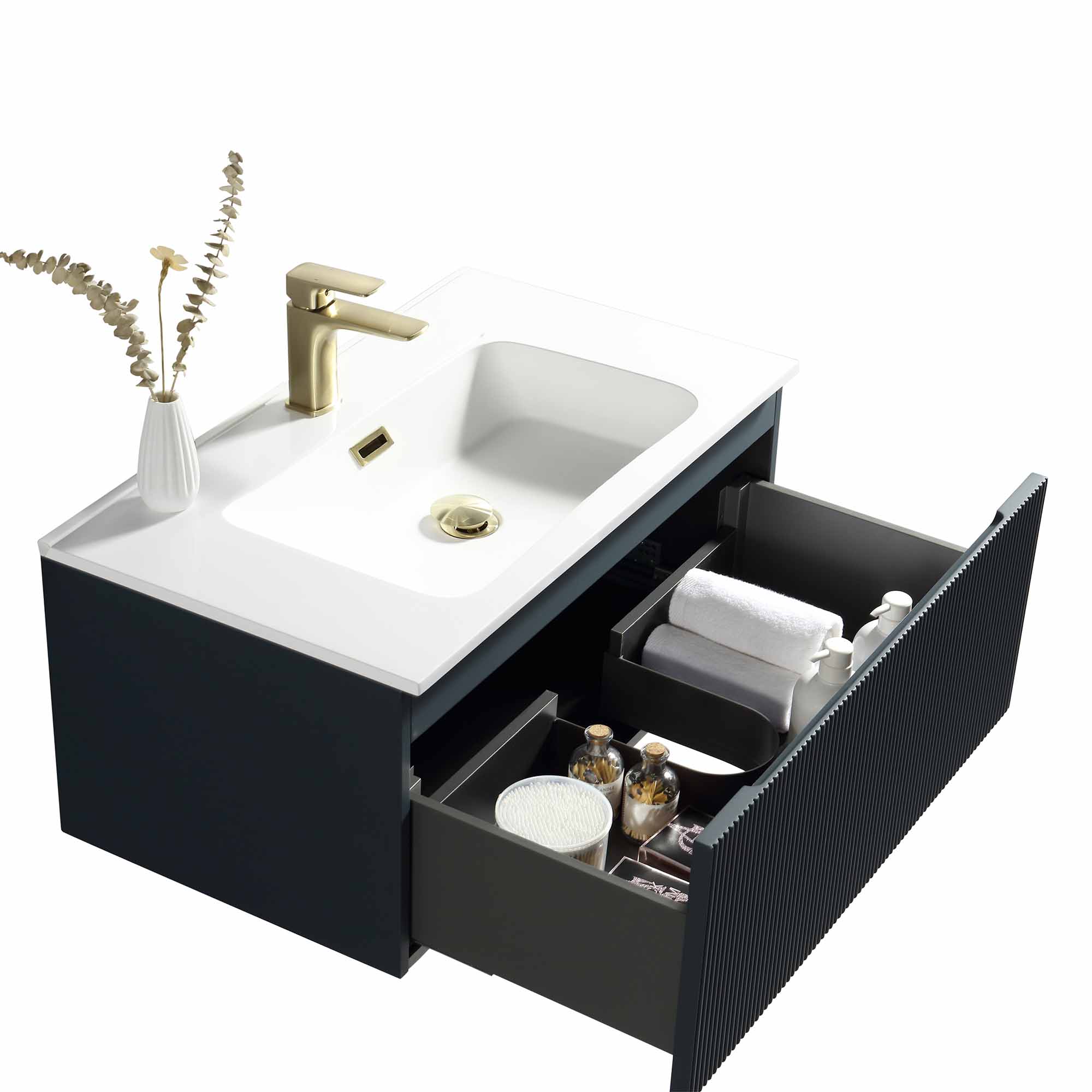 florence 800mm midnight shadow fluted wall mounted vanity unit with matt white poly marble washbasin
