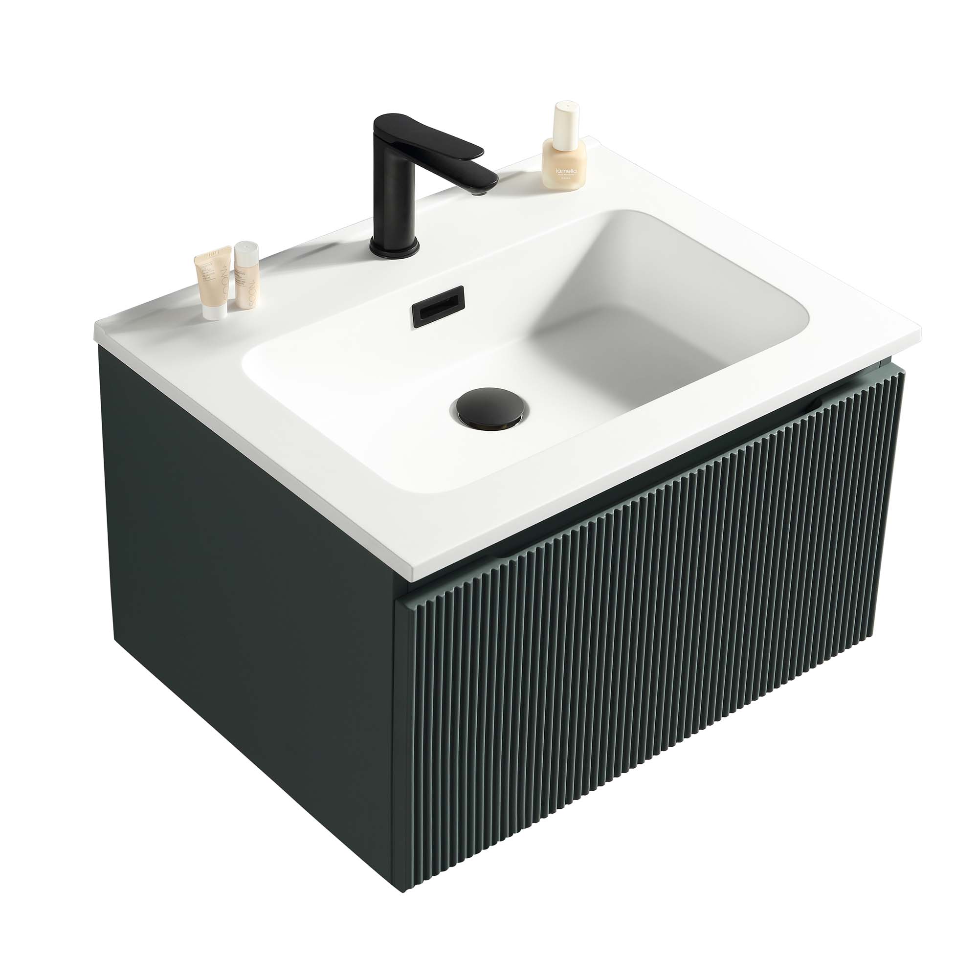 florence 600mm smoked sage fluted wall mounted vanity unit with matt white poly marble washbasin