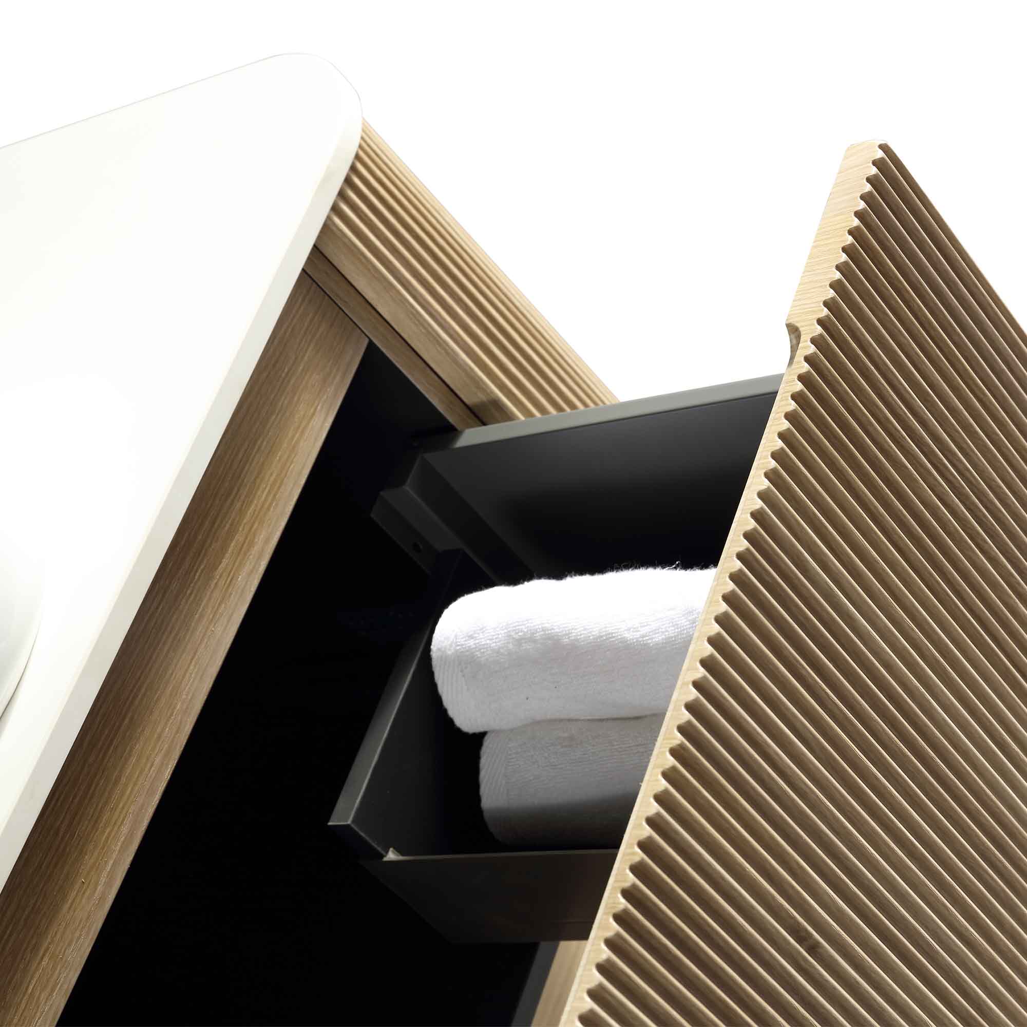 florence 800mm country oak fluted wall mounted vanity unit with matt white poly marble washbasin