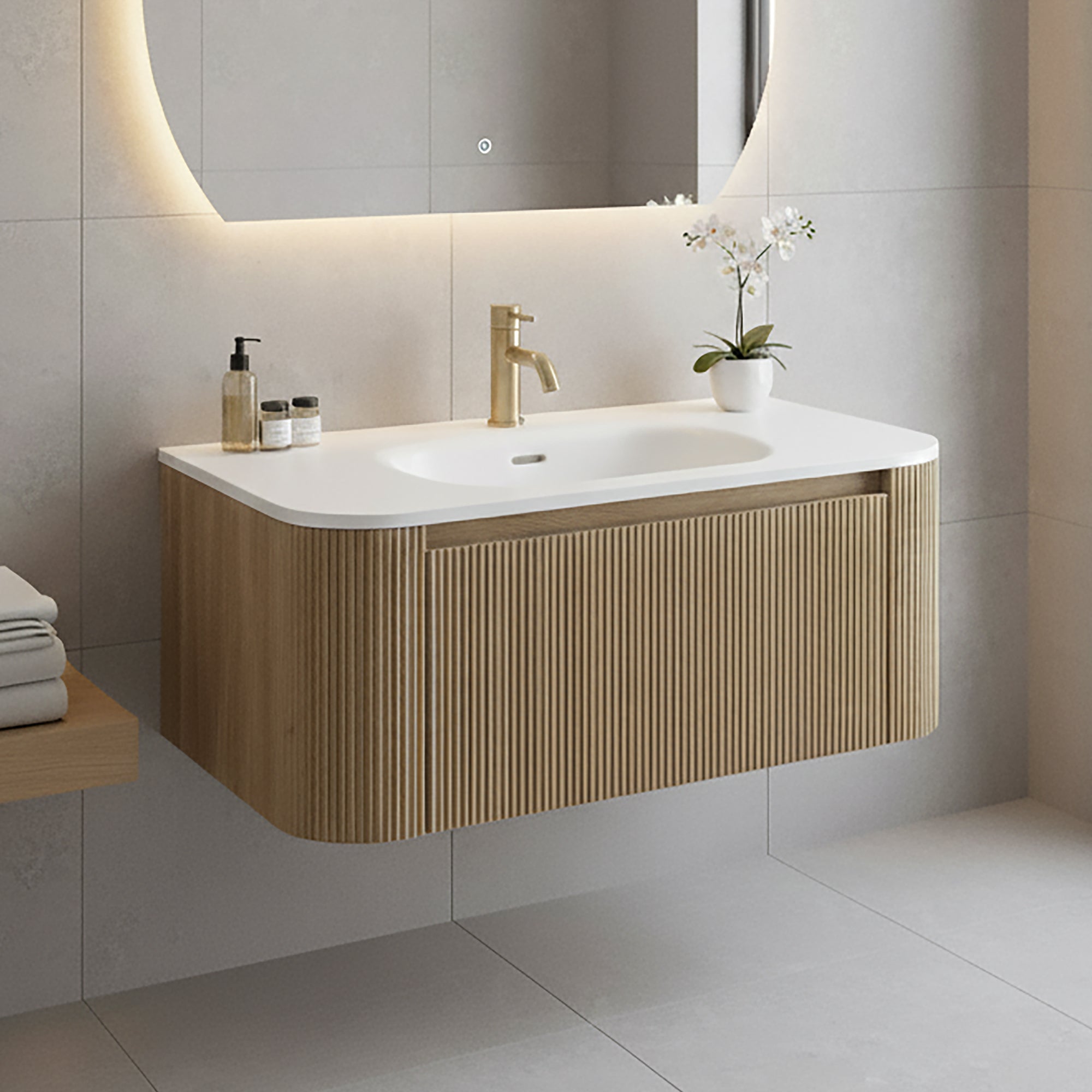 florence 870 wall mounted curved vanity unit with matt white basin country oak lifestyle