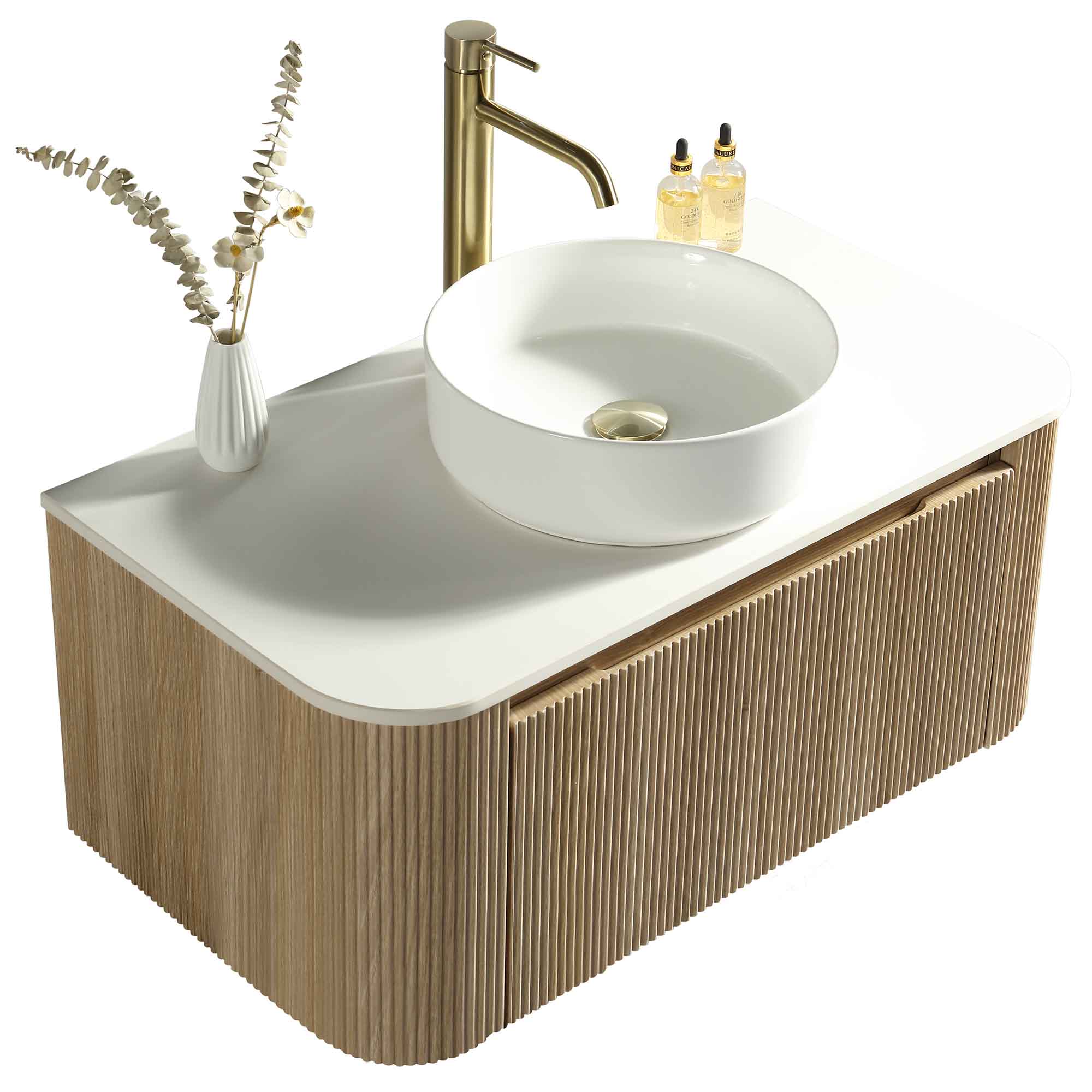 florence 870mm curved country oak fluted wall mounted vanity unit with sintered stone countertop