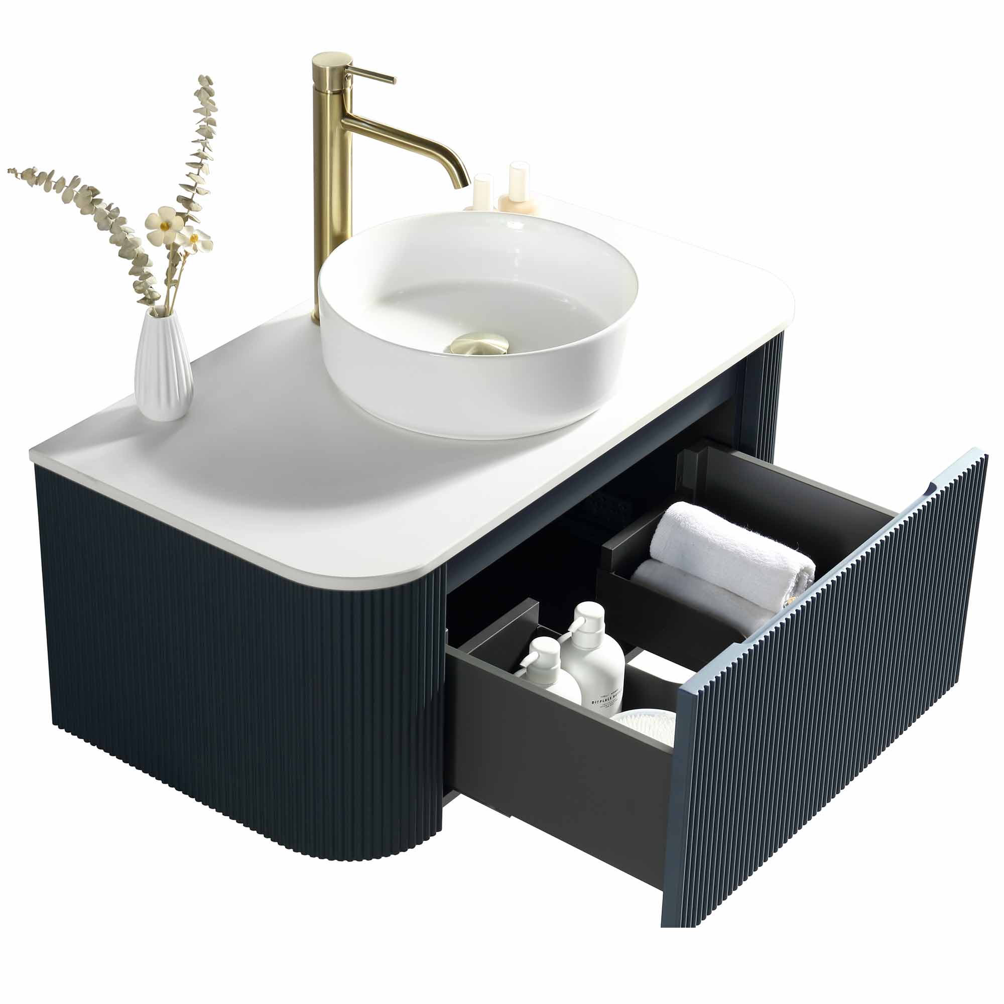 florence 870mm curved midnight shadow fluted wall mounted vanity unit with sintered stone countertop