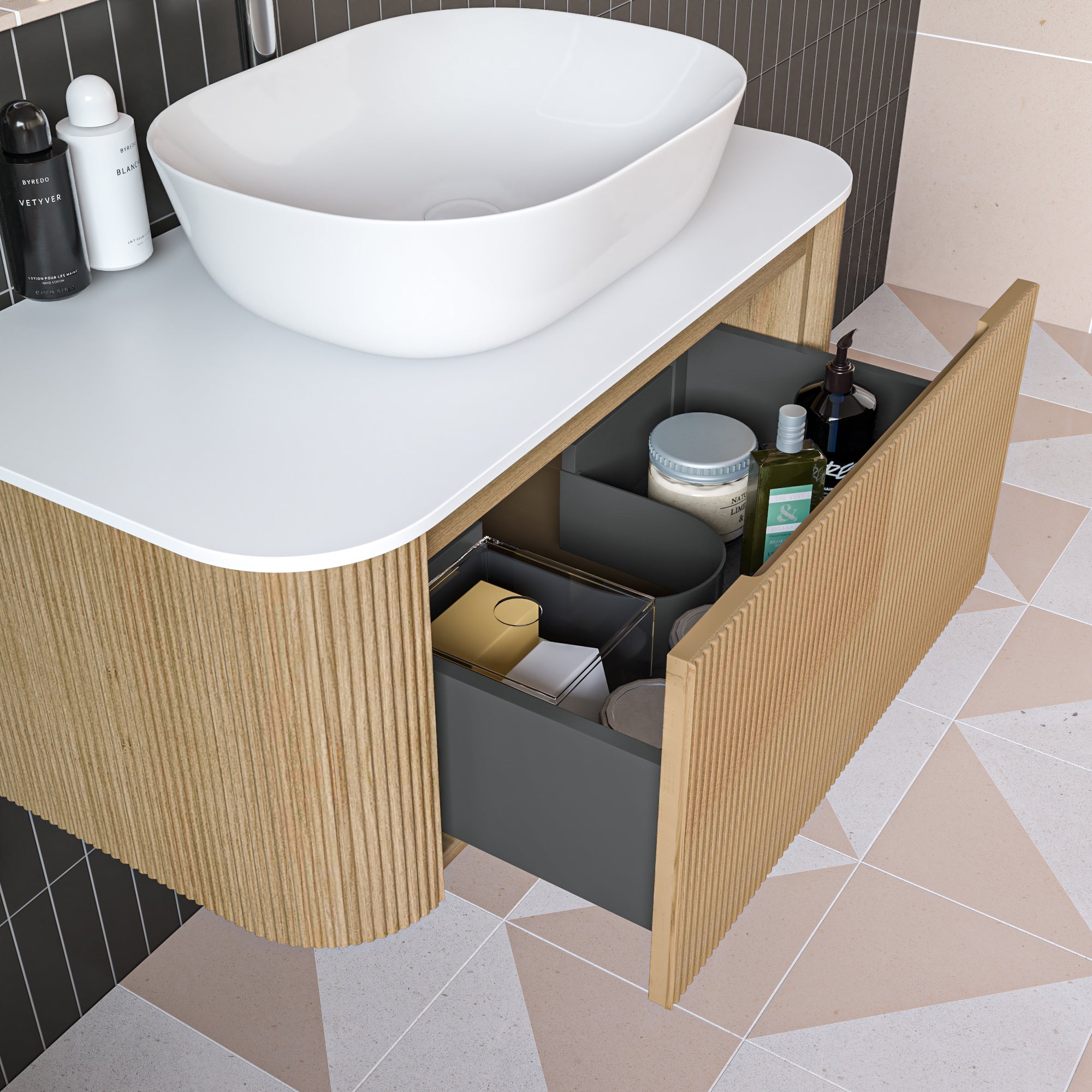 Florence Fluted 870 Curved Wall Mounted Vanity Unit With Worktop - Country Oak