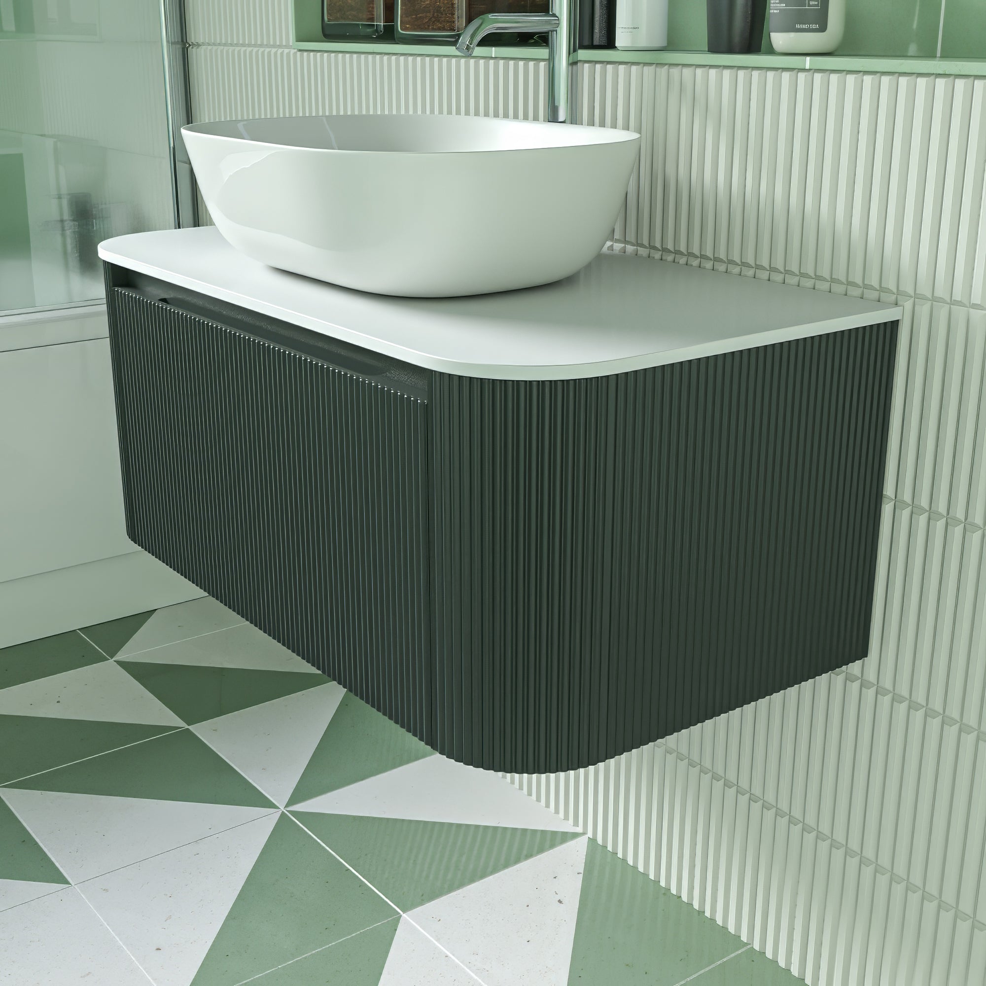 Florence Fluted 870 Curved Wall Mounted Vanity Unit With Worktop - Smoked Sage