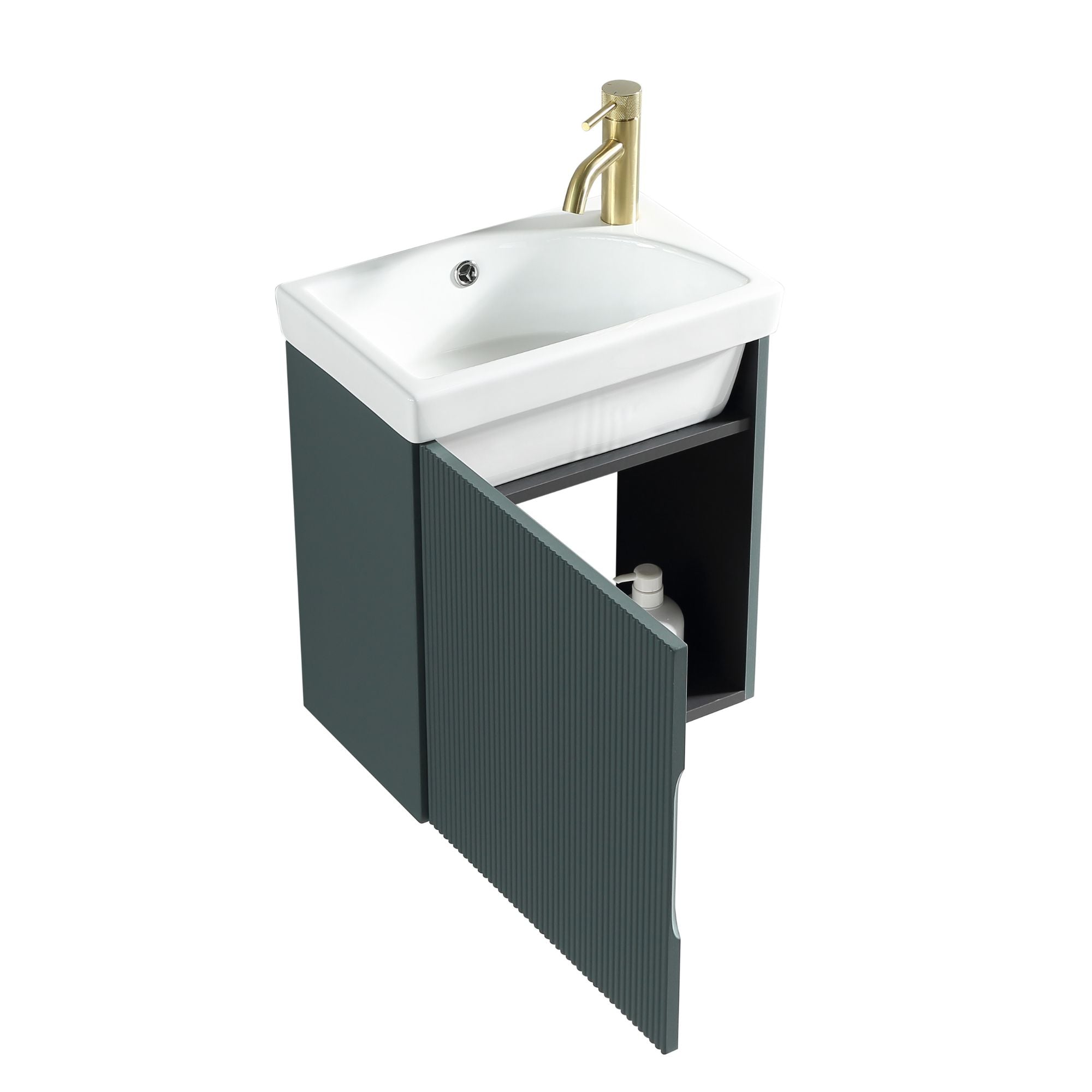 Florence Fluted Wall Mounted Cloakroom Vanity Unit With Ceramic Basin Smoked Sage Deluxe Bathrooms