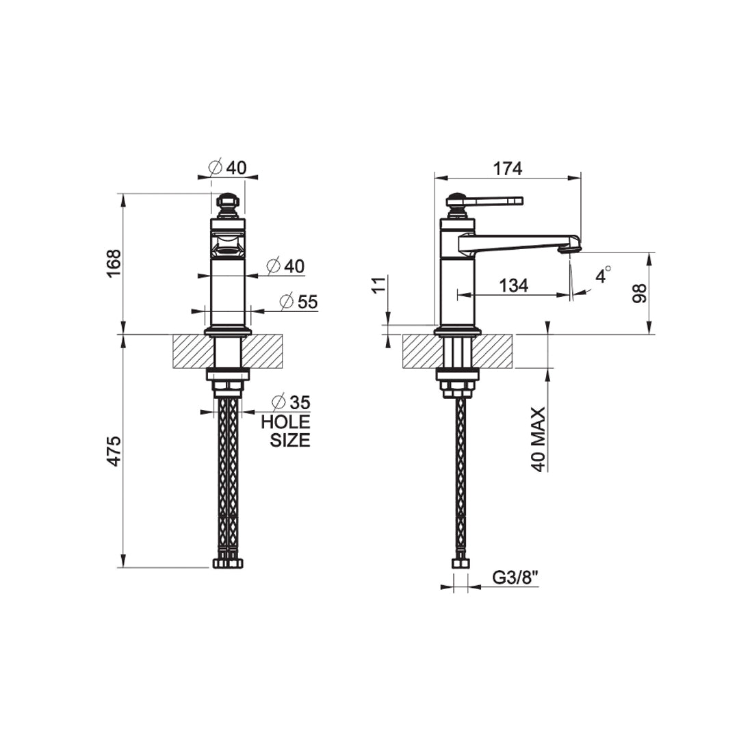Technical drawing diagram of the Gessi Venti20 Single Lever Basin Mixer, supplied by Deluxe Bathrooms.