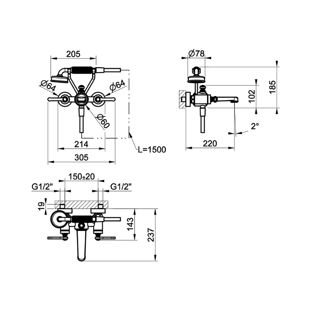 Technical dimensions diagram for the Gessi Venti20 Wall-Mounted Bath Shower Mixer, supplied by Deluxe Bathrooms.