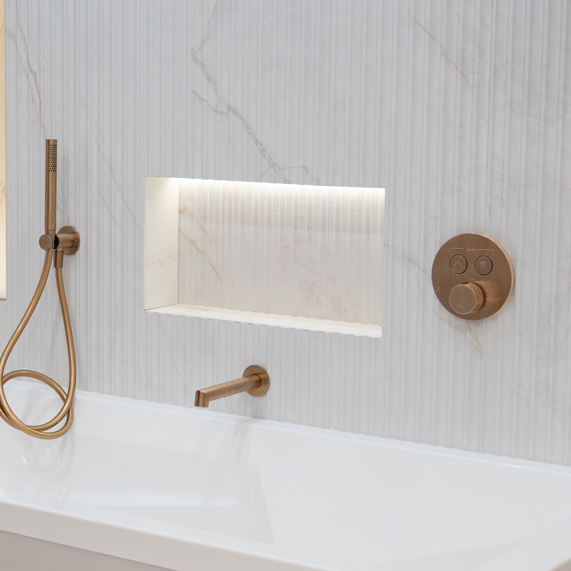 Gessi Manzoni Dual Outlet Thermostatic Shower Valve with Pencil Handset and Bath Spout - Warm Bronze Brushed