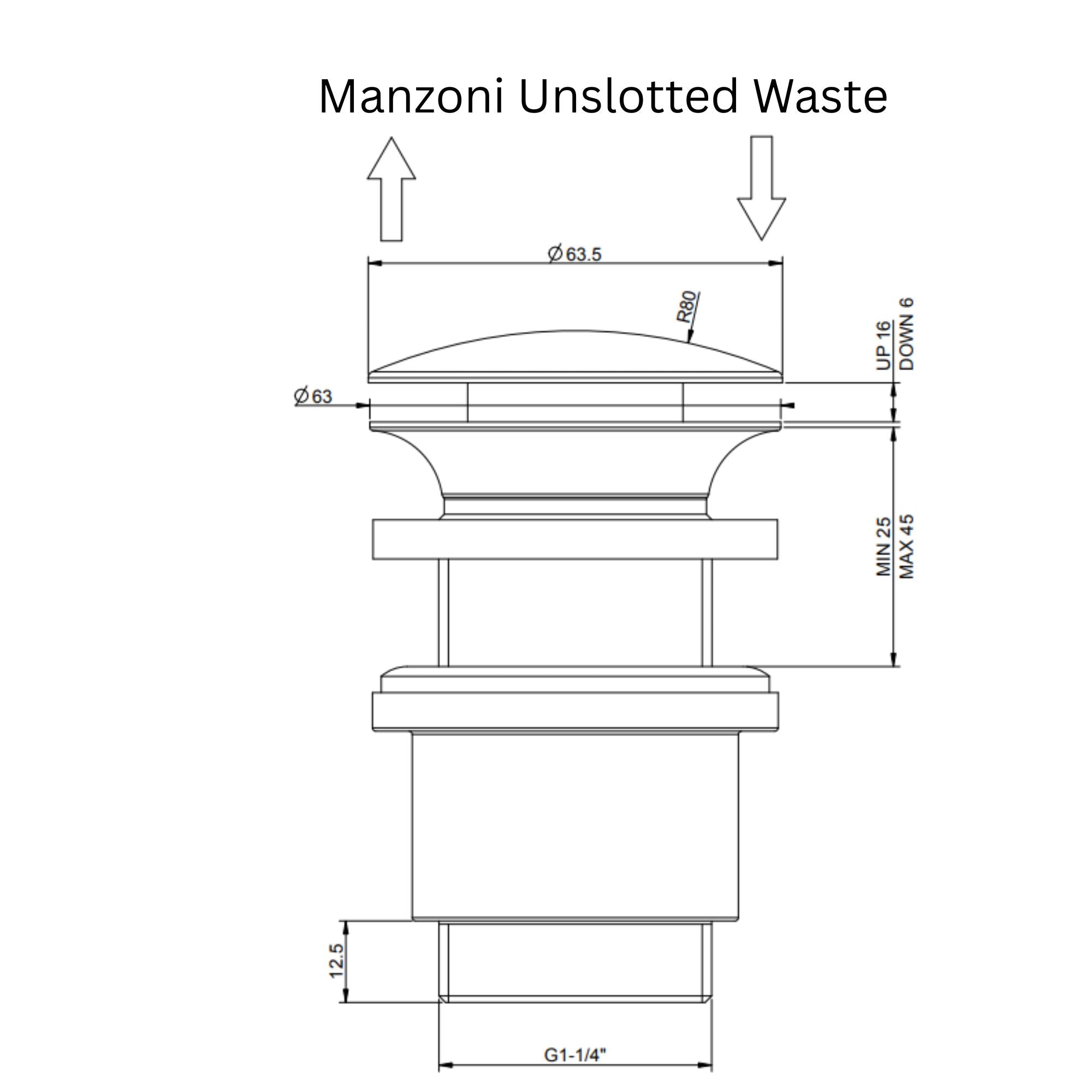 Technical drawing of Gessi unslotted waste with dimensions and labels deluxe bathrooms.