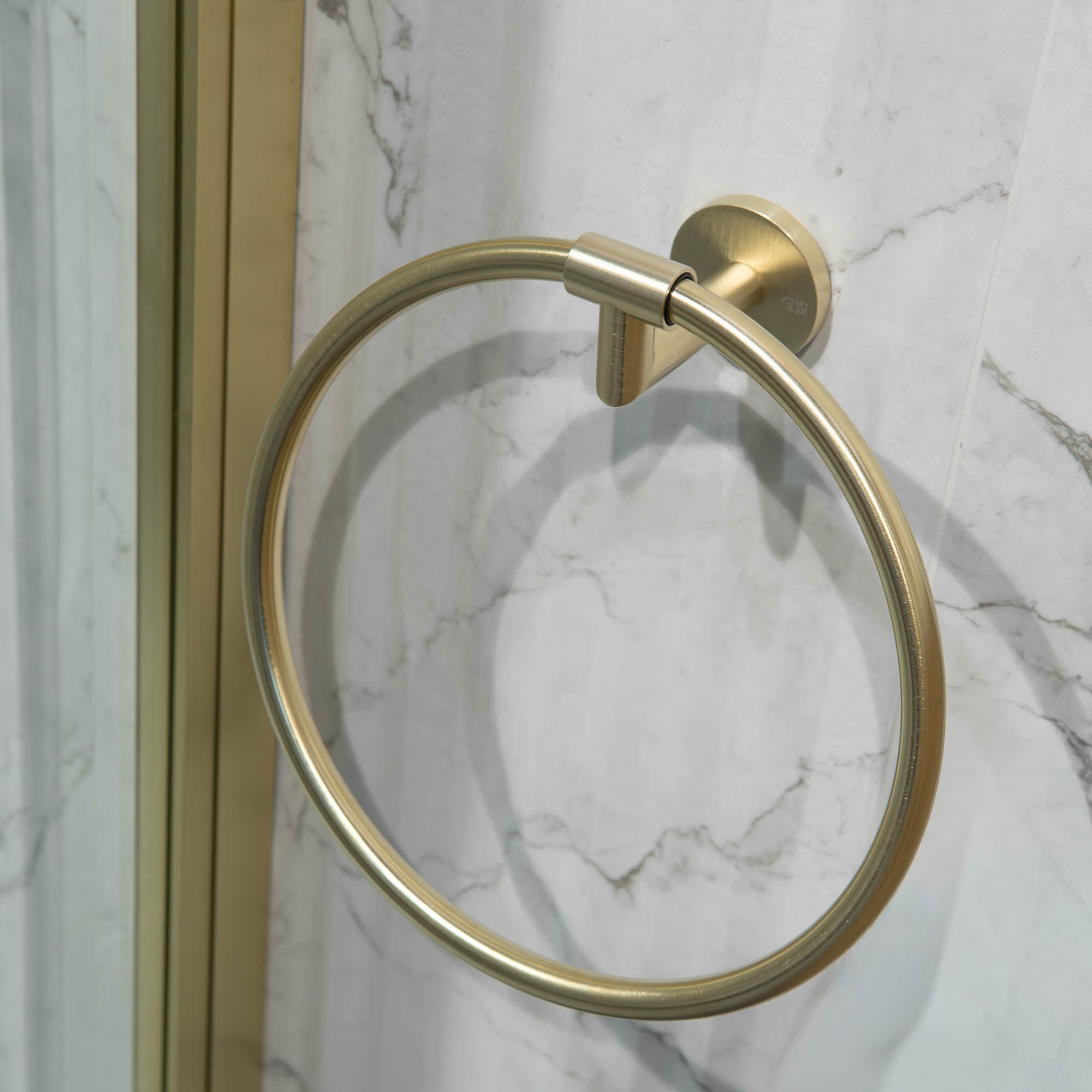 Gessi Brushed Brass Towel Ring On at Deluxe Bathrooms Showroom