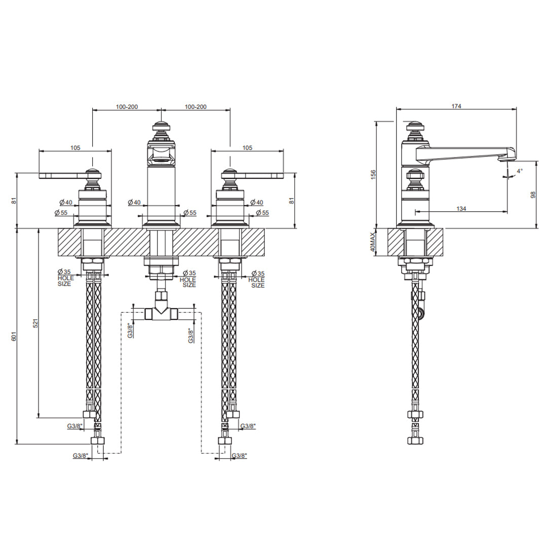 Technical drawing diagram of the Gessi Venti20 Medium 3-Hole Basin Mixer, supplied by Deluxe Bathrooms.