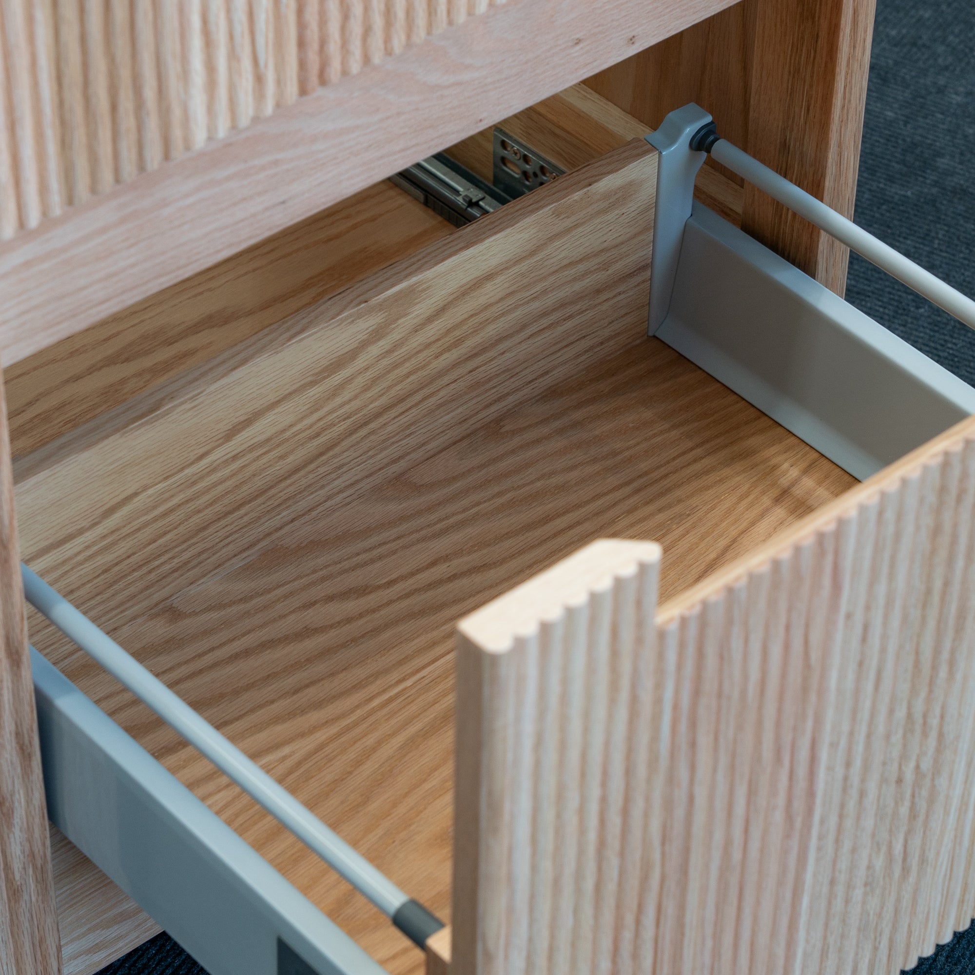 Granlusso Amalfi 600 Oak Effect Fluted Floorstanding Vanity Unit bottom drawer open