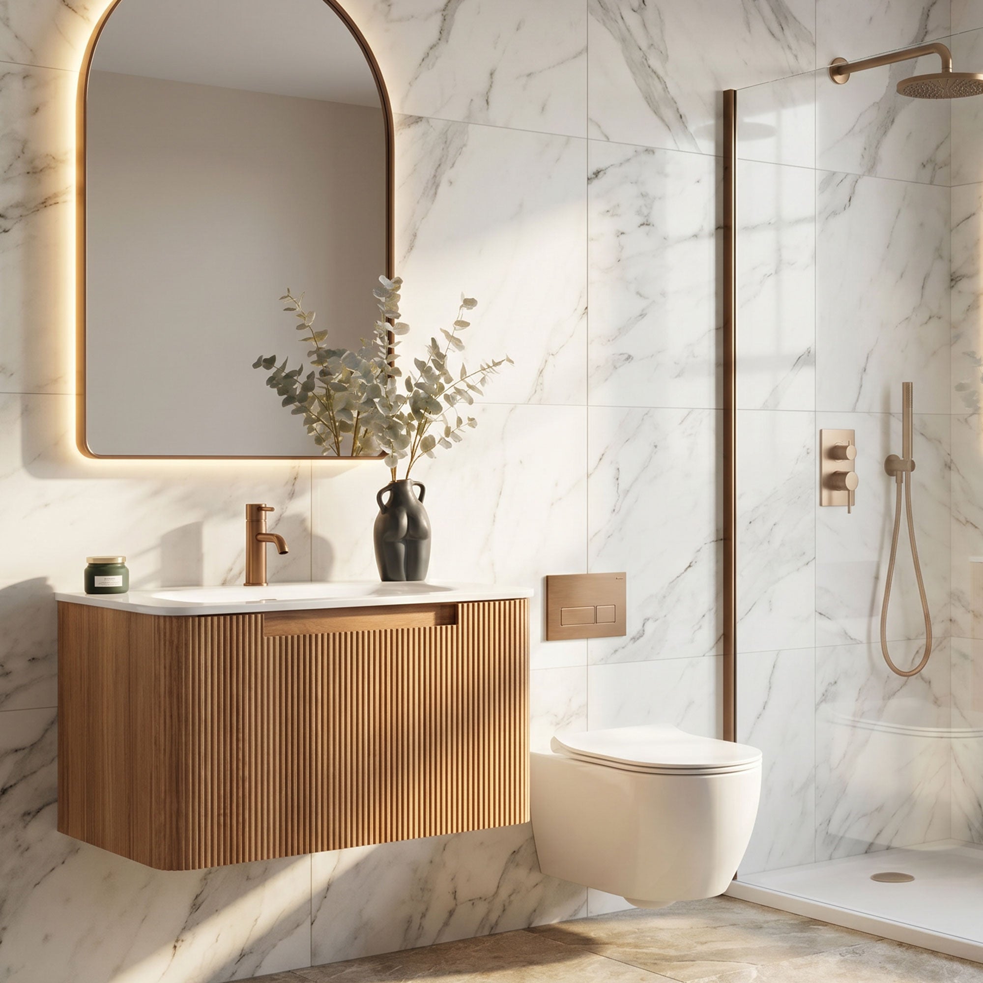 Granlusso Amalfi Oak Fluted Wall Mounted Vanity Unit With Solid Surface Washbasin in 800mm