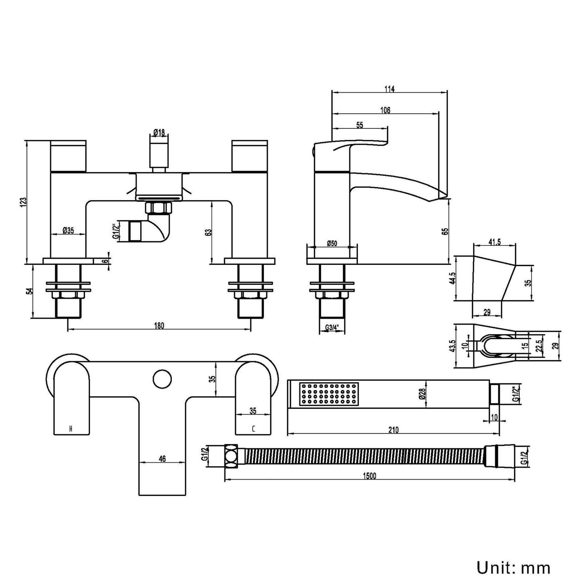 granlusso amalfi bath shower mixer with handset kit dimensions