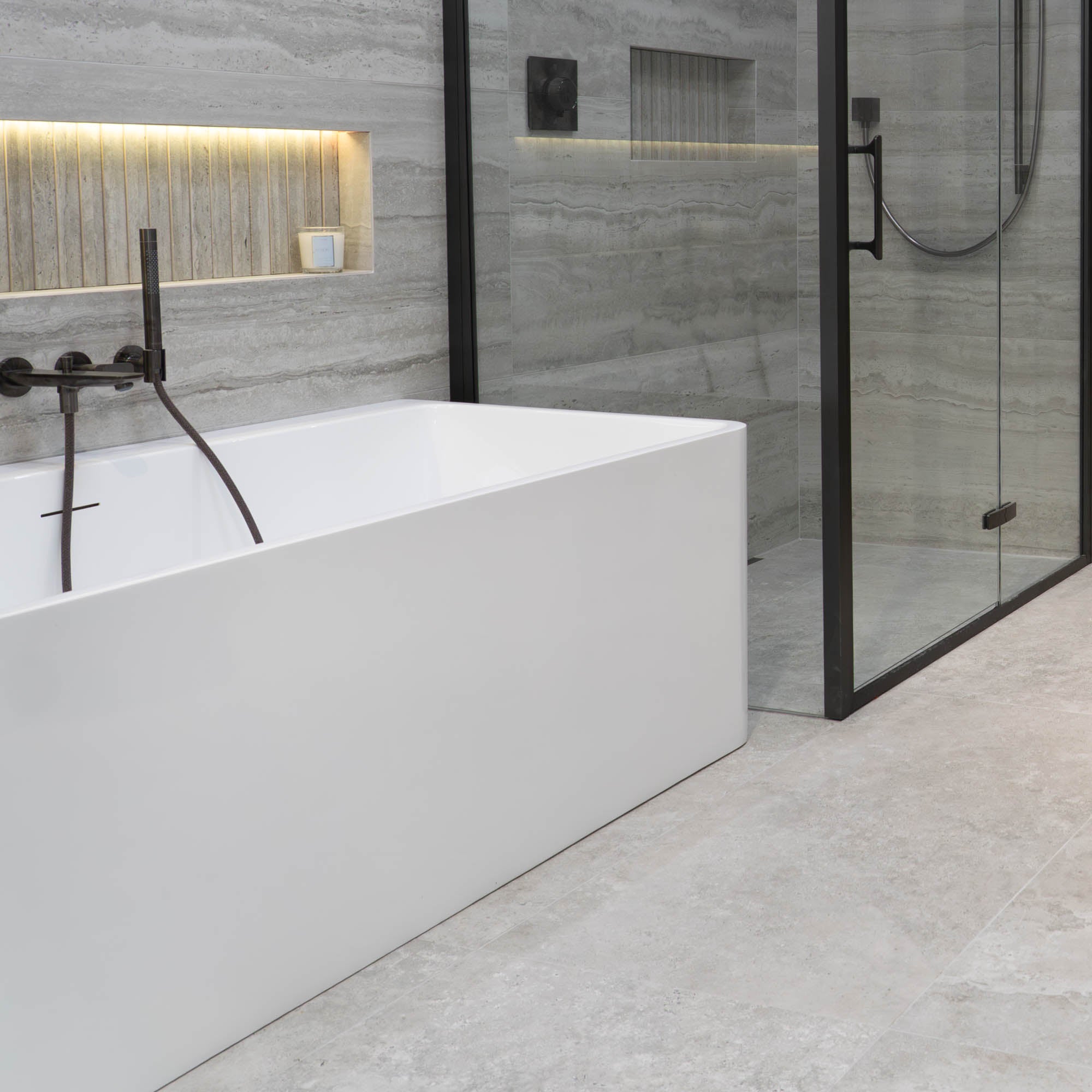 Granlusso™ Enzo 1600 Freestanding Back To Wall Corner Bath Acrylic at Deluxe Bathrooms