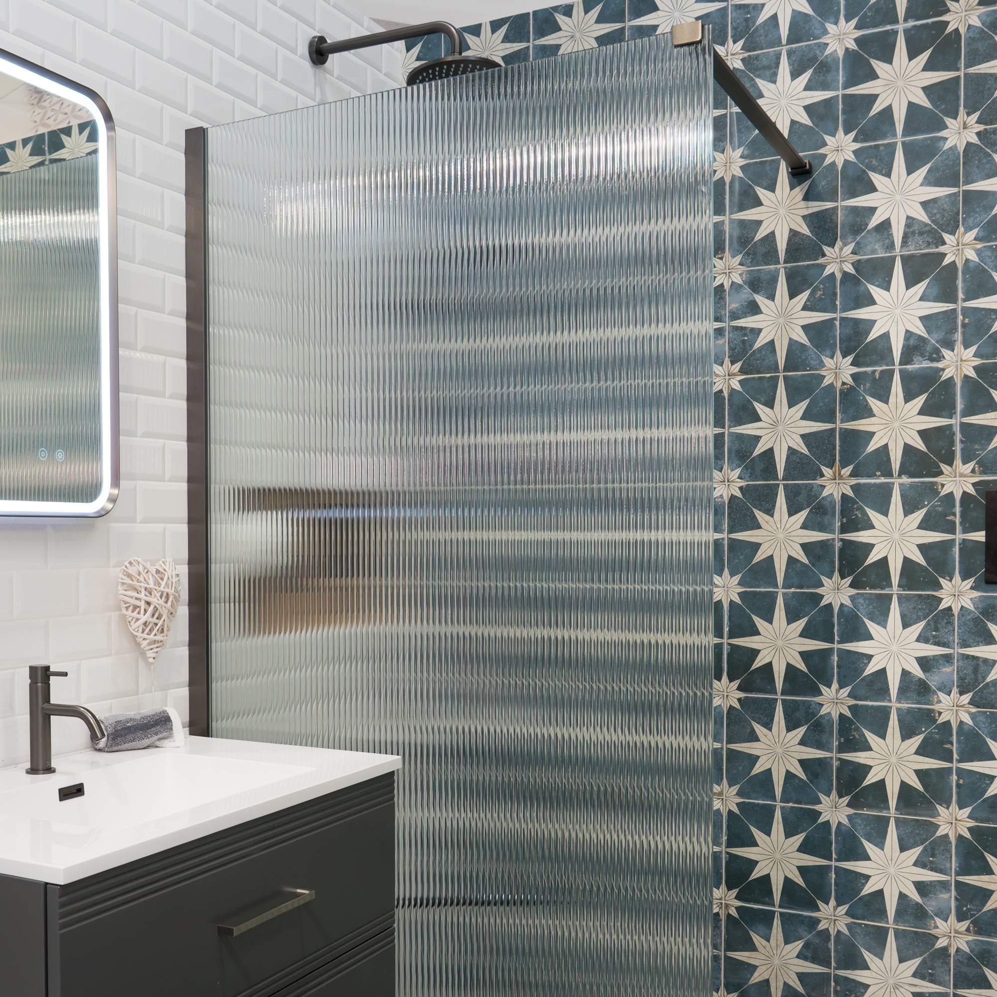 Granlusso™ 8 Fluted Glass Frameless Wetroom Shower Screen - gunmetal