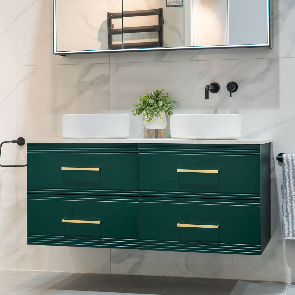 Granlusso™ Galleria 1200 Wall Mounted Double Vanity Unit With Carrara Worktop - Deep Emerald
