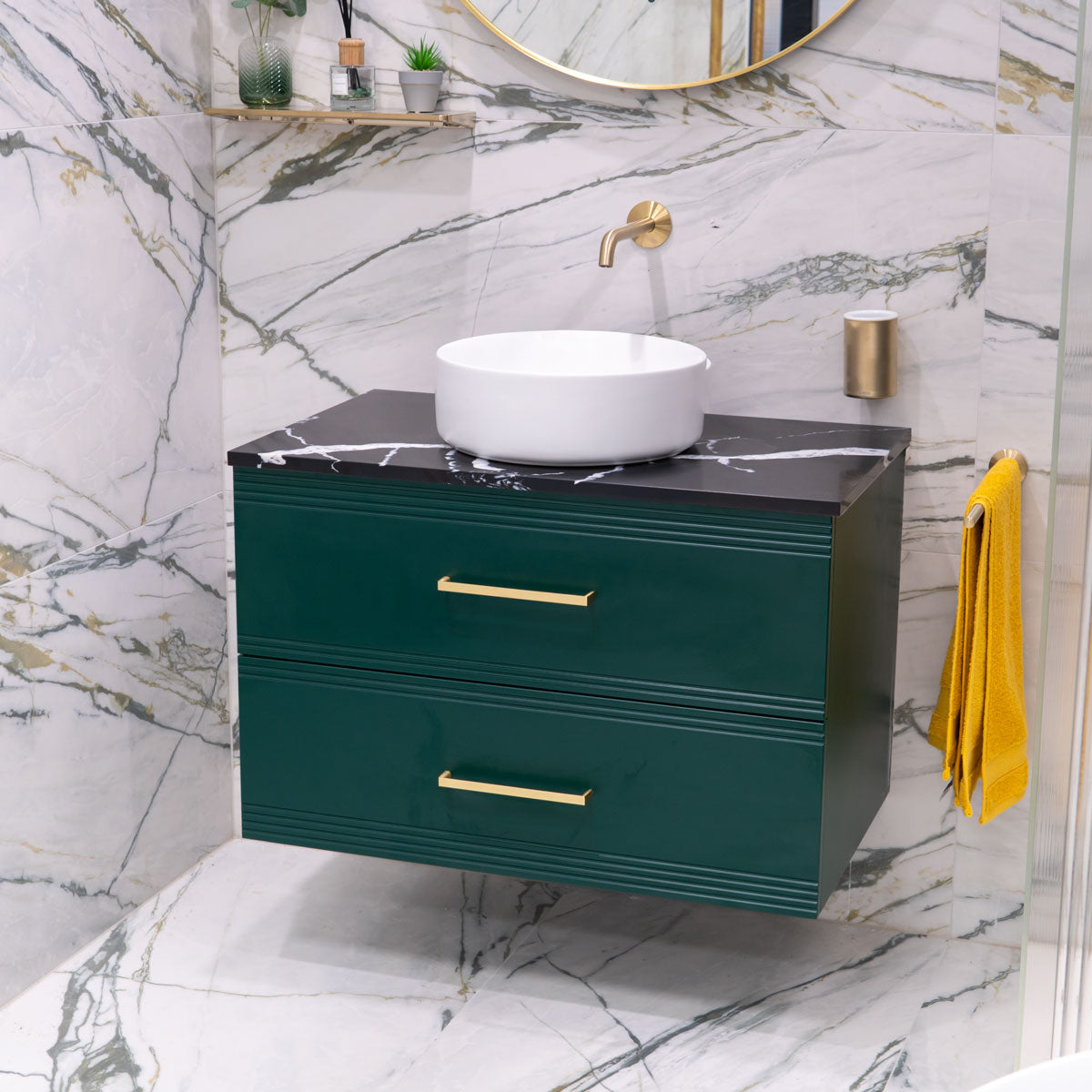Granlusso™ Galleria Wall Mounted 2-Drawer Vanity Unit With Nero Marquina Worktop - Deep Emerald