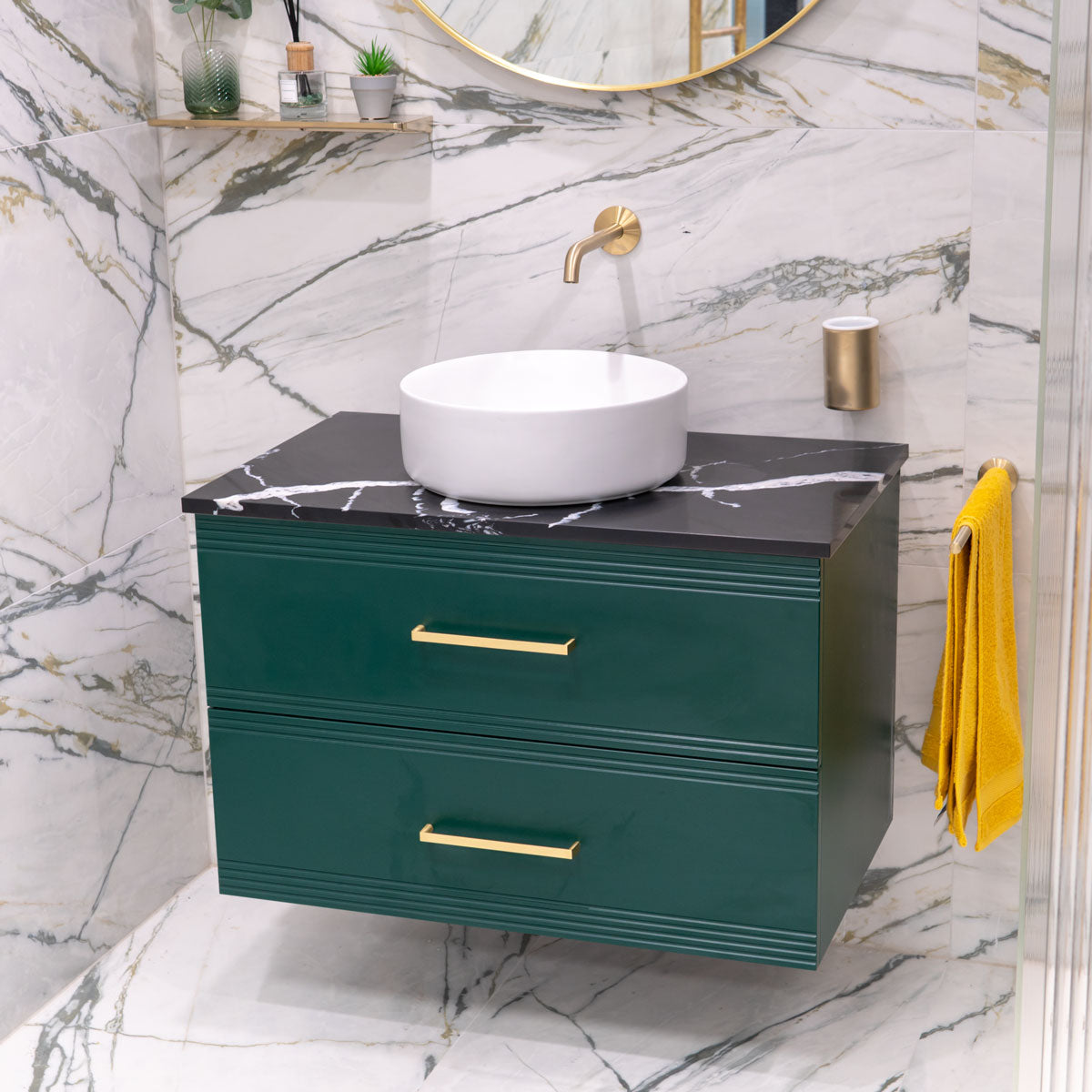 Granlusso™ Galleria Wall Mounted 2-Drawer Vanity Unit With Nero Marquina Worktop - Deep Emerald