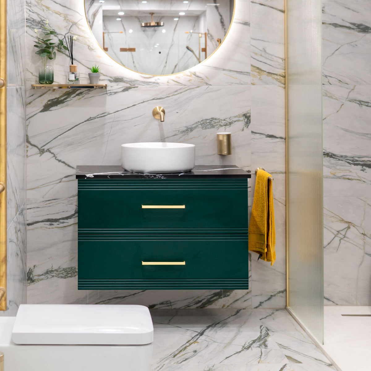 Granlusso™ Galleria Wall Mounted 2-Drawer Vanity Unit With Nero Marquina Worktop - Deep Emerald