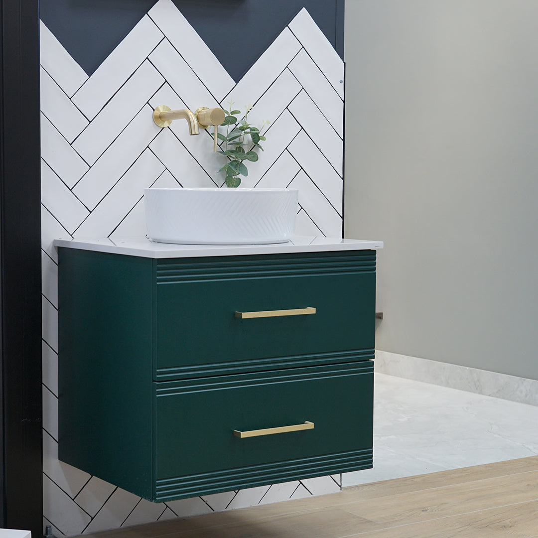 Granlusso™ Galleria Wall Mounted 2-Drawer Vanity Unit With Carrara Marble Effect Worktop - Deep Emerald