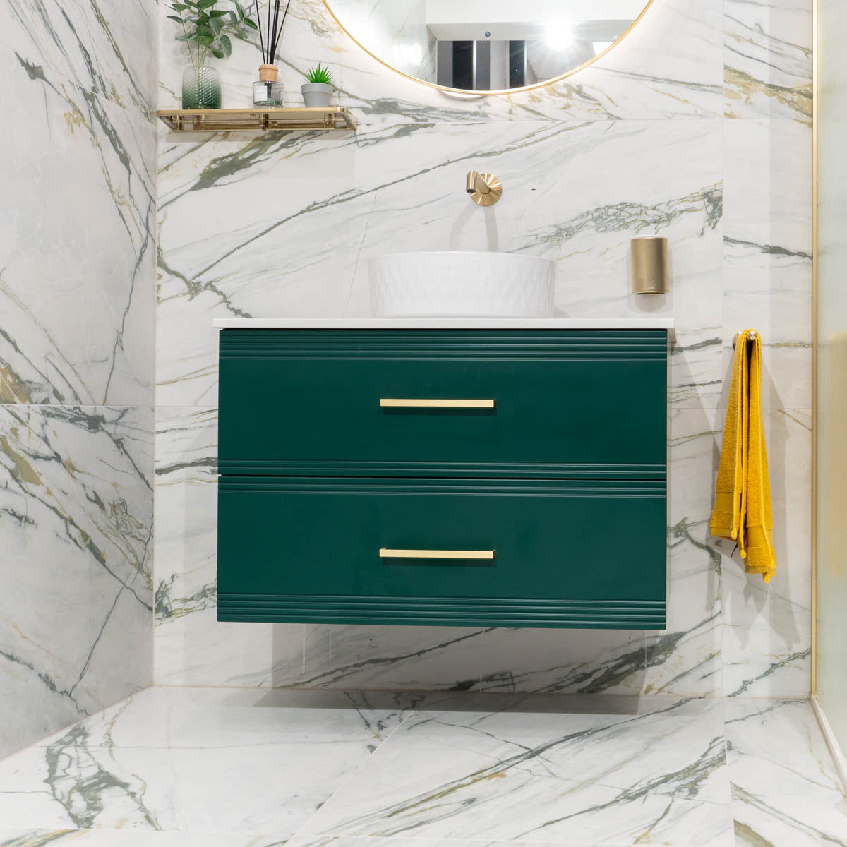 Granlusso™ Galleria Wall Mounted 2-Drawer Vanity Unit With Carrara Marble Effect Worktop - Deep Emerald