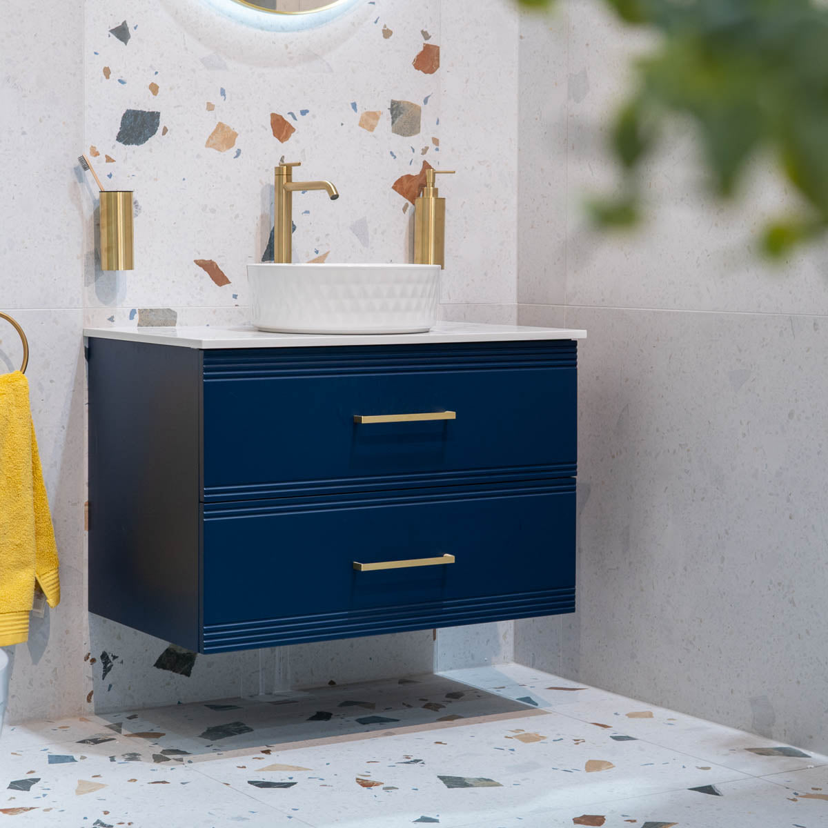 Granlusso™ Galleria Wall Mounted 2-Drawer Vanity Unit With Carrara Marble Effect Worktop - Atlantic Blue
