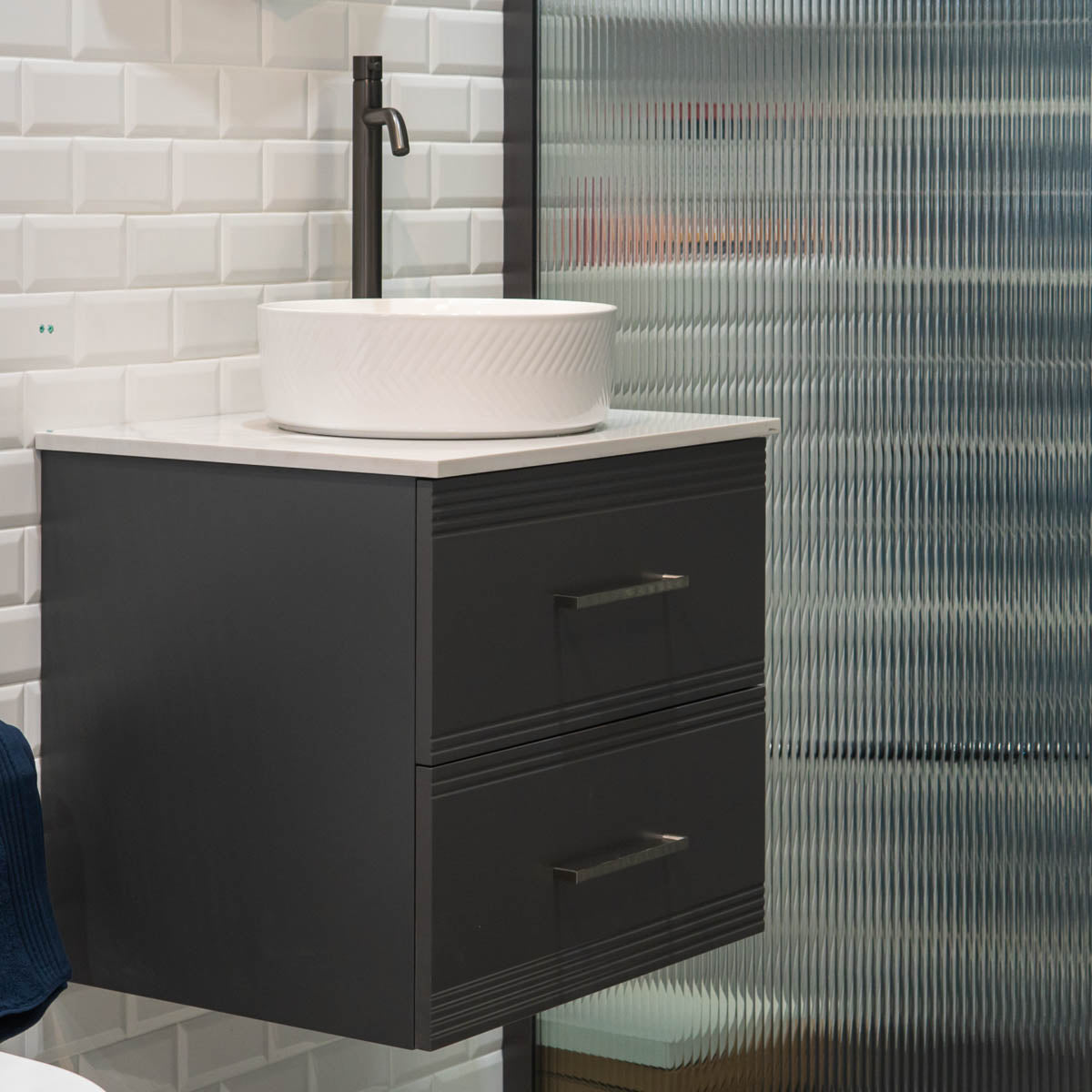 Granlusso™ Galleria Wall Mounted 2-Drawer Vanity Unit With Carrara Marble Effect Worktop - Slate Grey