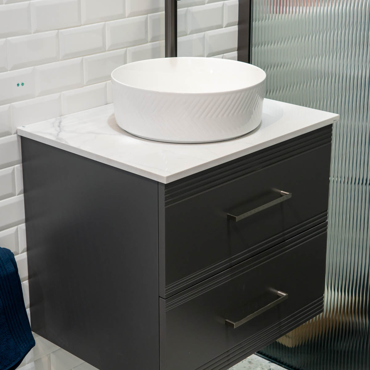 Granlusso™ Galleria Wall Mounted 2-Drawer Vanity Unit With Carrara Marble Effect Worktop - Slate Grey
