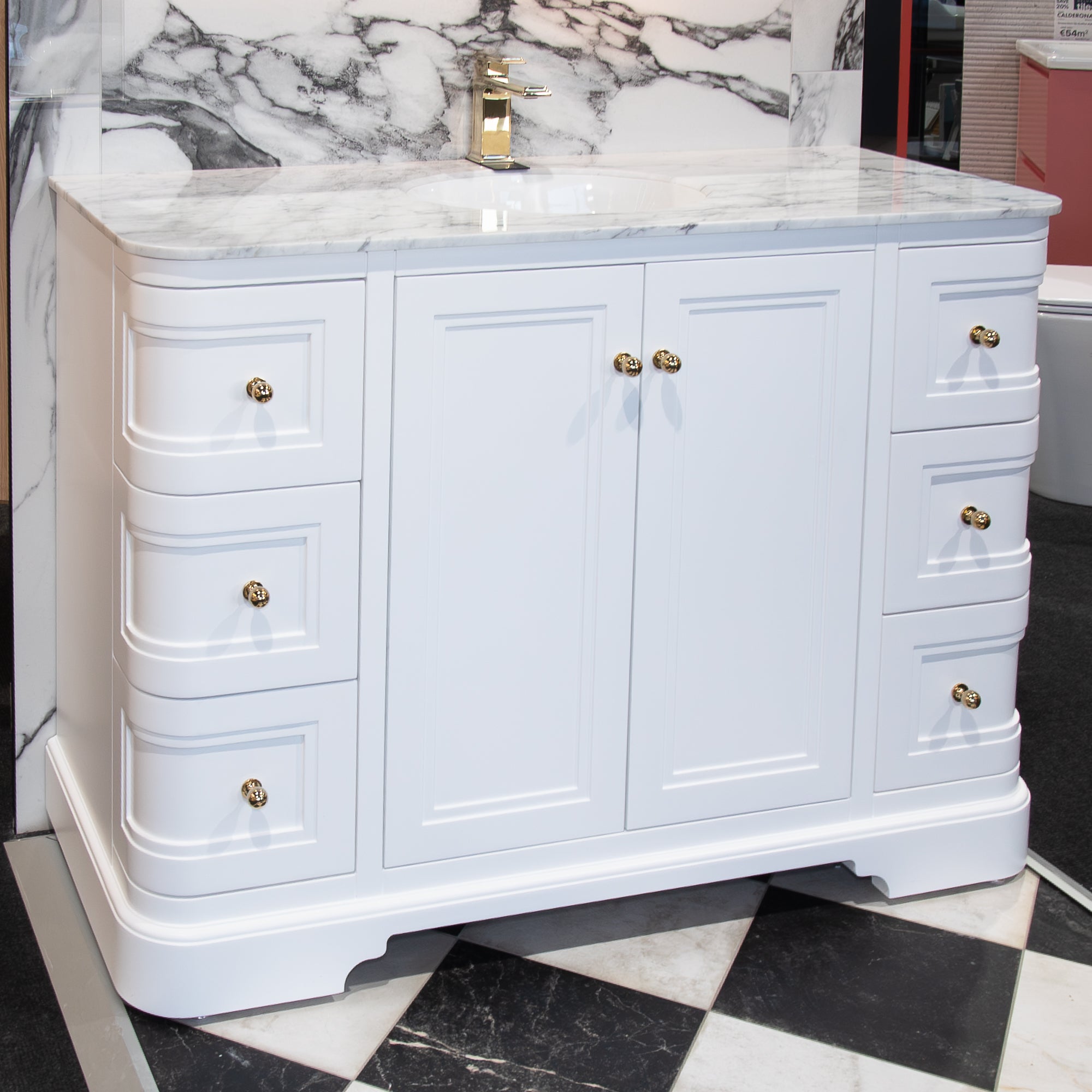 Granlusso New Hampton 1200 Floorstanding Vanity Unit With Marble Carrara Worktop and Basin - White