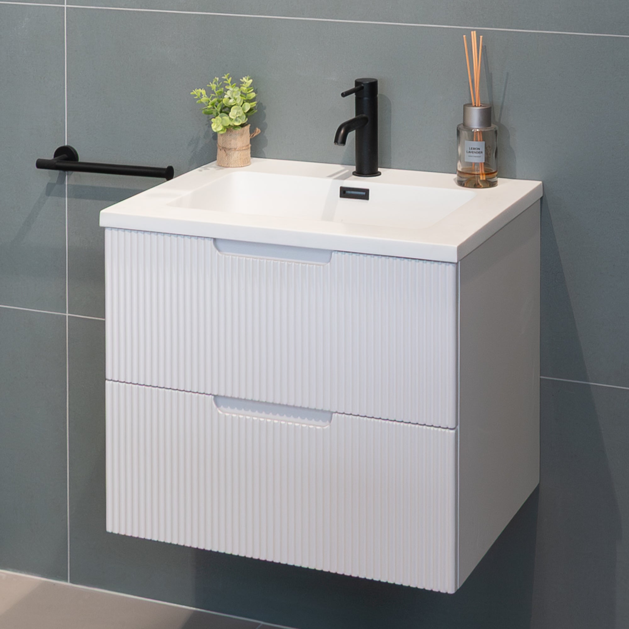 Granlusso™ Opus White Fluted Wall Mounted Vanity Unit With Solid Surface Washbasin