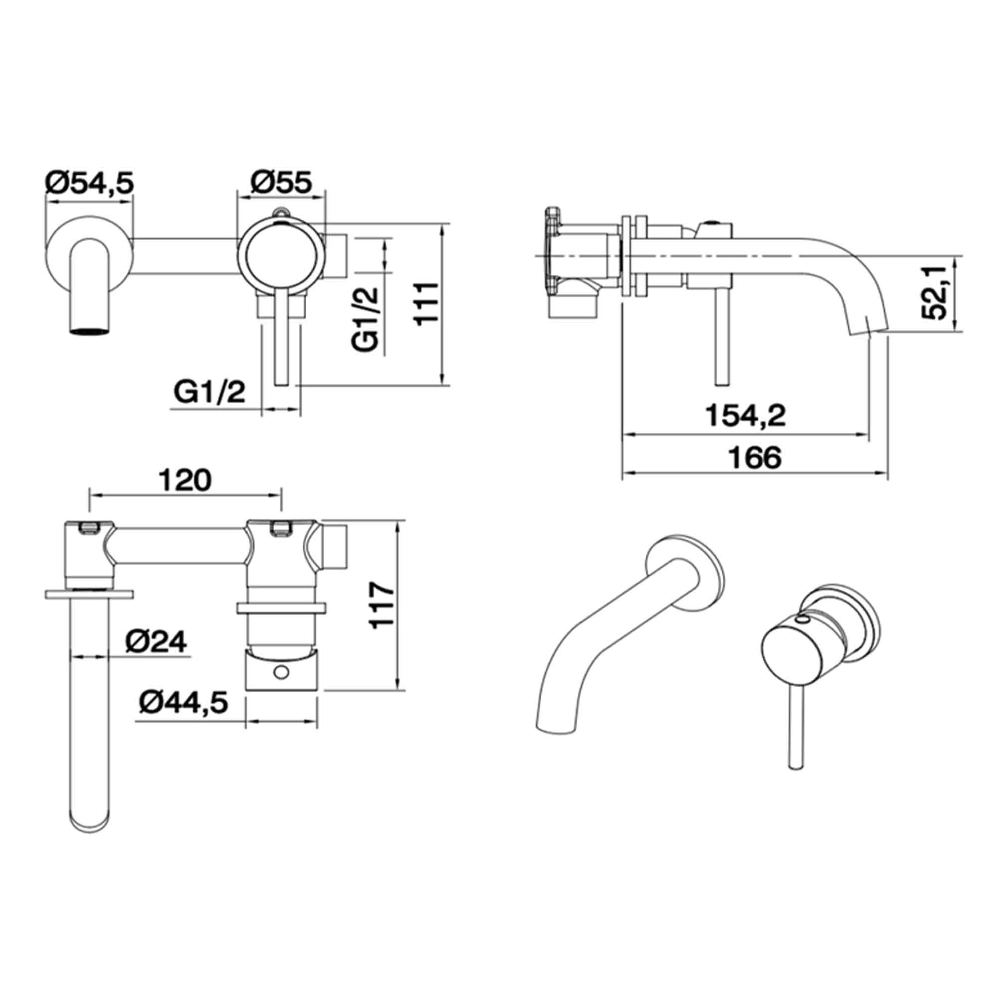 granlusso portofino 2 hole wall mounted basin mixer dimensions