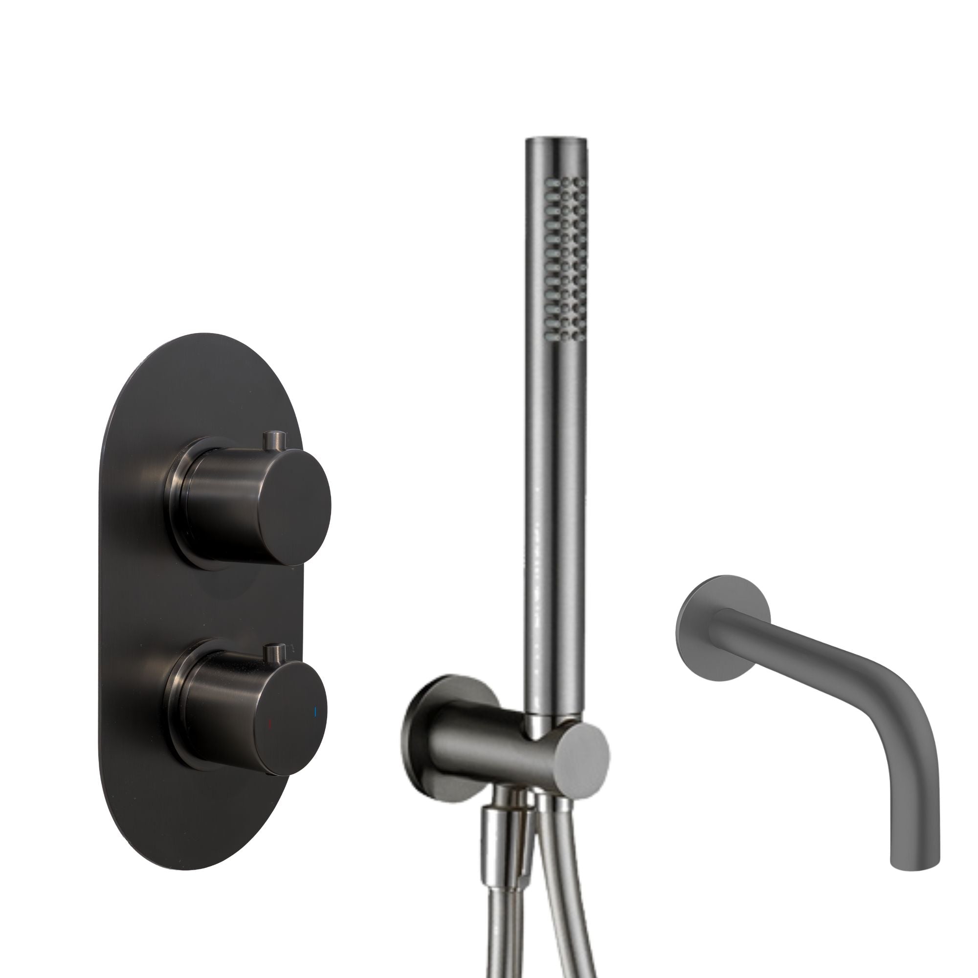 Granlusso portofino Gunmetal shower control panel with handheld shower head and wall-mounted faucet on a white background deluxe bathrooms