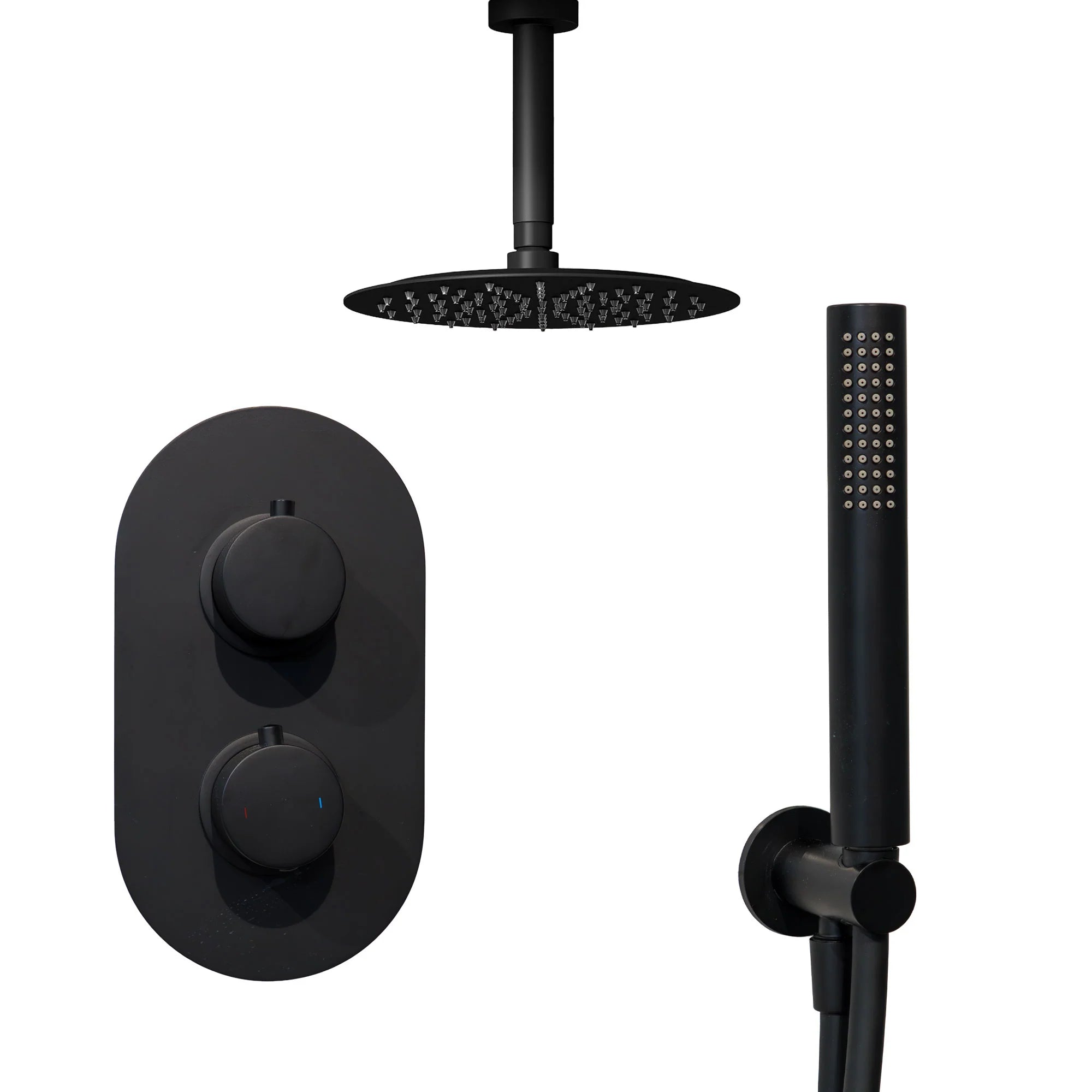 Portofino Matt Black shower set with shower head, control handle, and handheld shower on a white background Deluxe Bathrooms