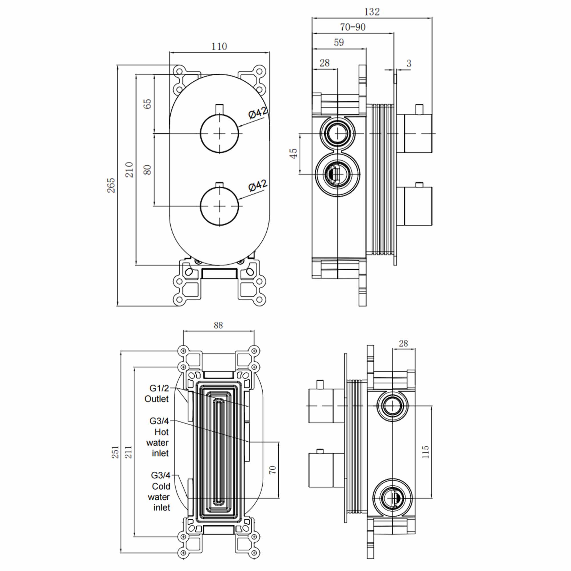 granlusso portofino 2 outlet thermostatic shower valve brushed bronze dimensions