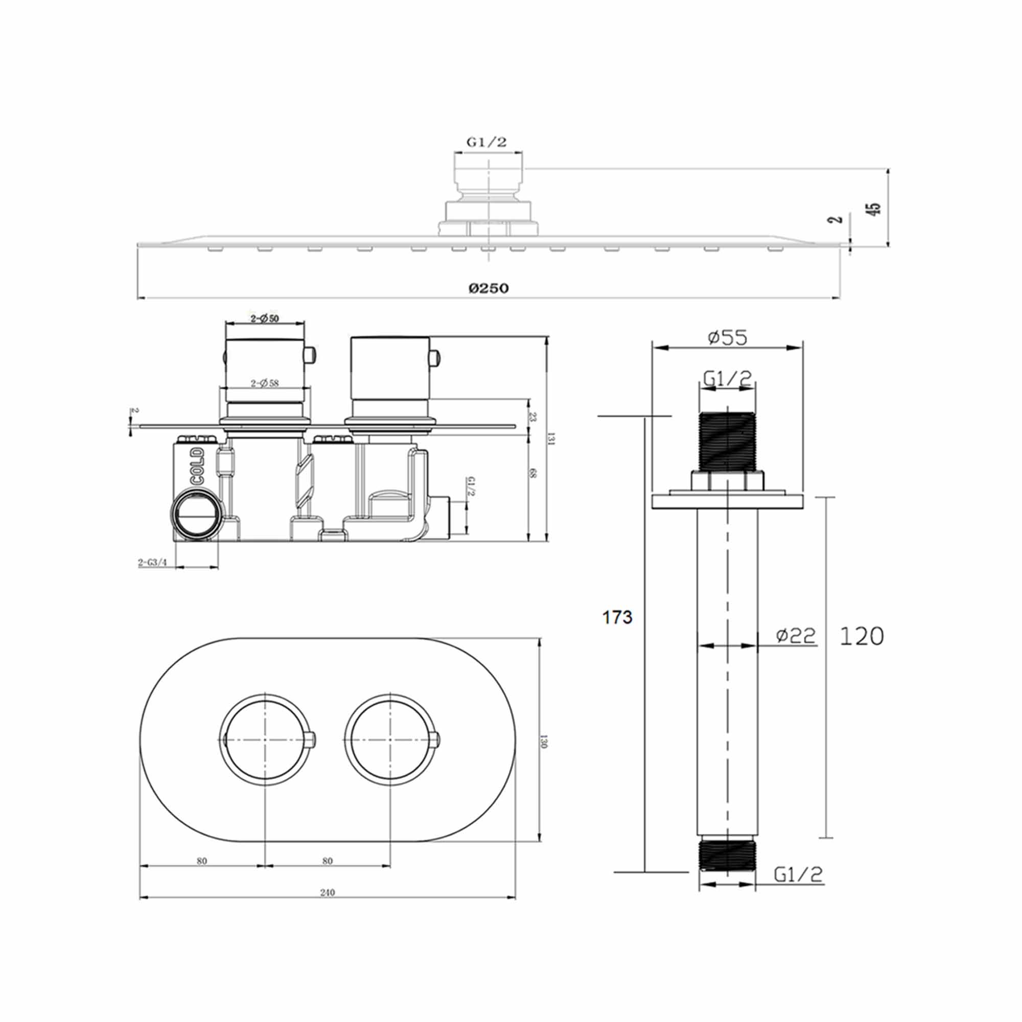 granlusso portofino 2 outlet thermostatic shower valve with pencil handset and ceiling overhead dimensions